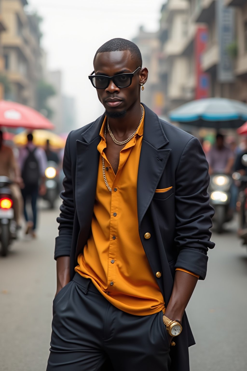 sharp and trendy man in Mumbai wearing a contemporary fusion outfit, bustling streets of Mumbai in the background