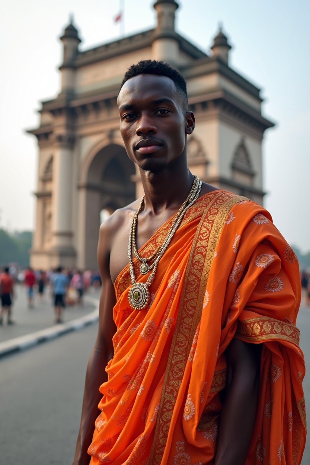 sharp and trendy man in Mumbai wearing a vibrant saree/kurta, Gateway of India in the background