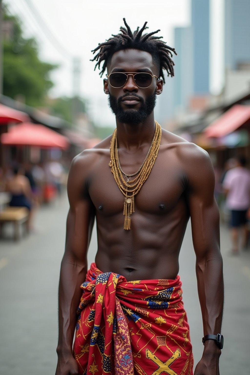 sharp and trendy man in Thailand wearing a vibrant sarong, Bangkok in the background