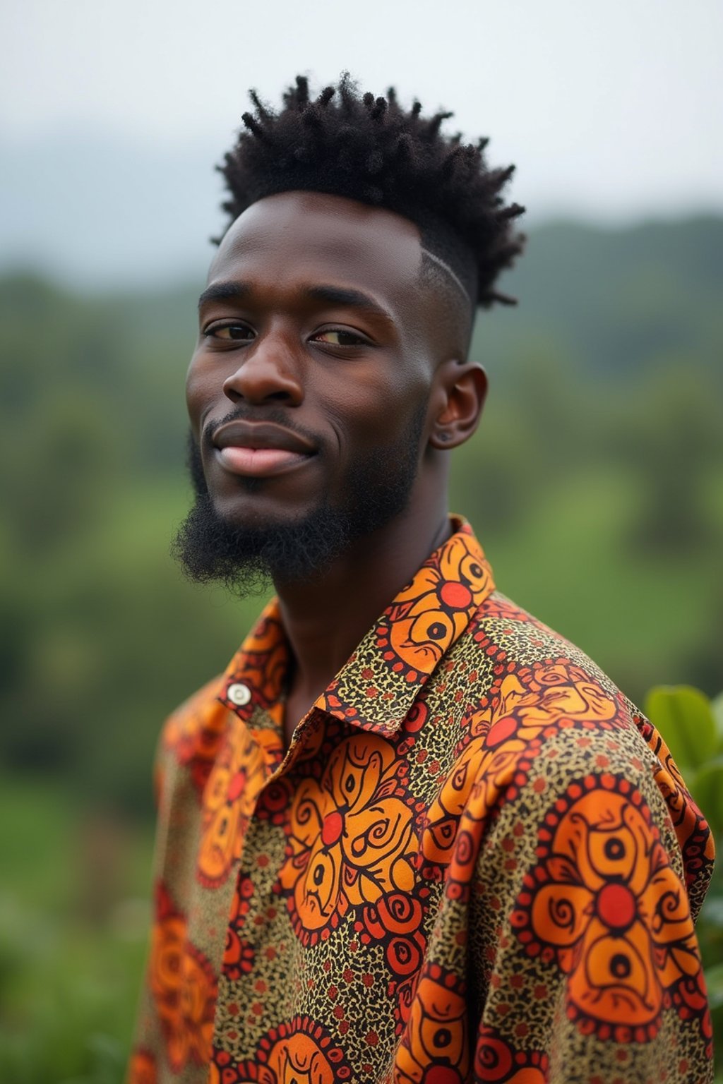 sharp and trendy man in Bali wearing vibrant Batik clothes, Bali, Indonesia in the background