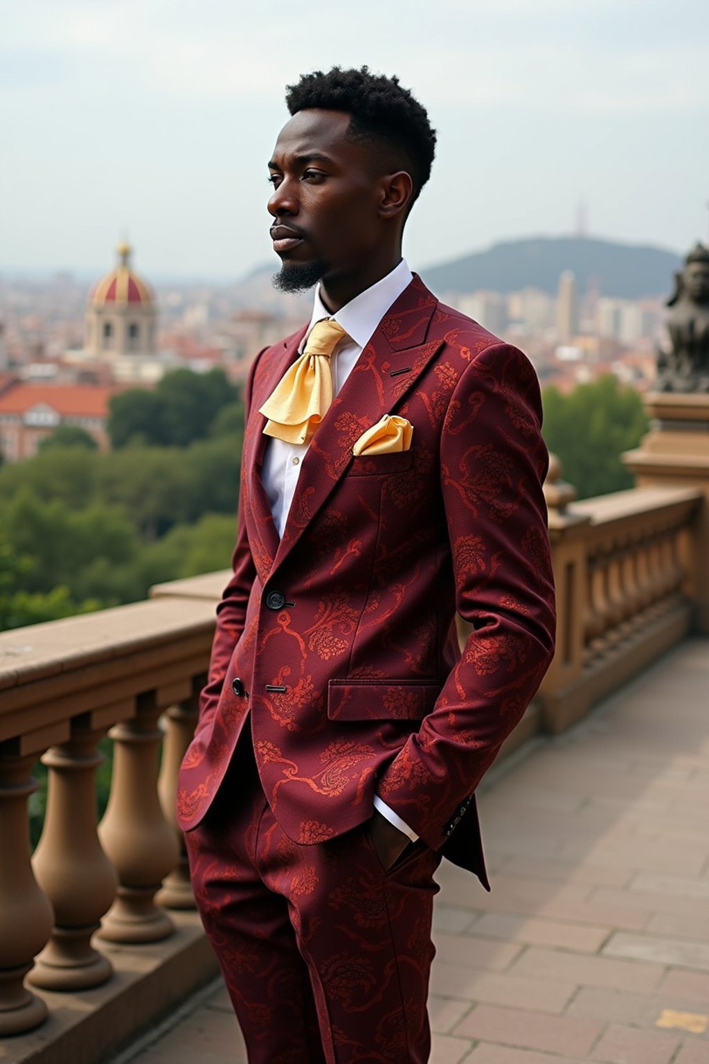 sharp and trendy man in Barcelona wearing a flamenco-inspired dress/suit, Park Güell in the background