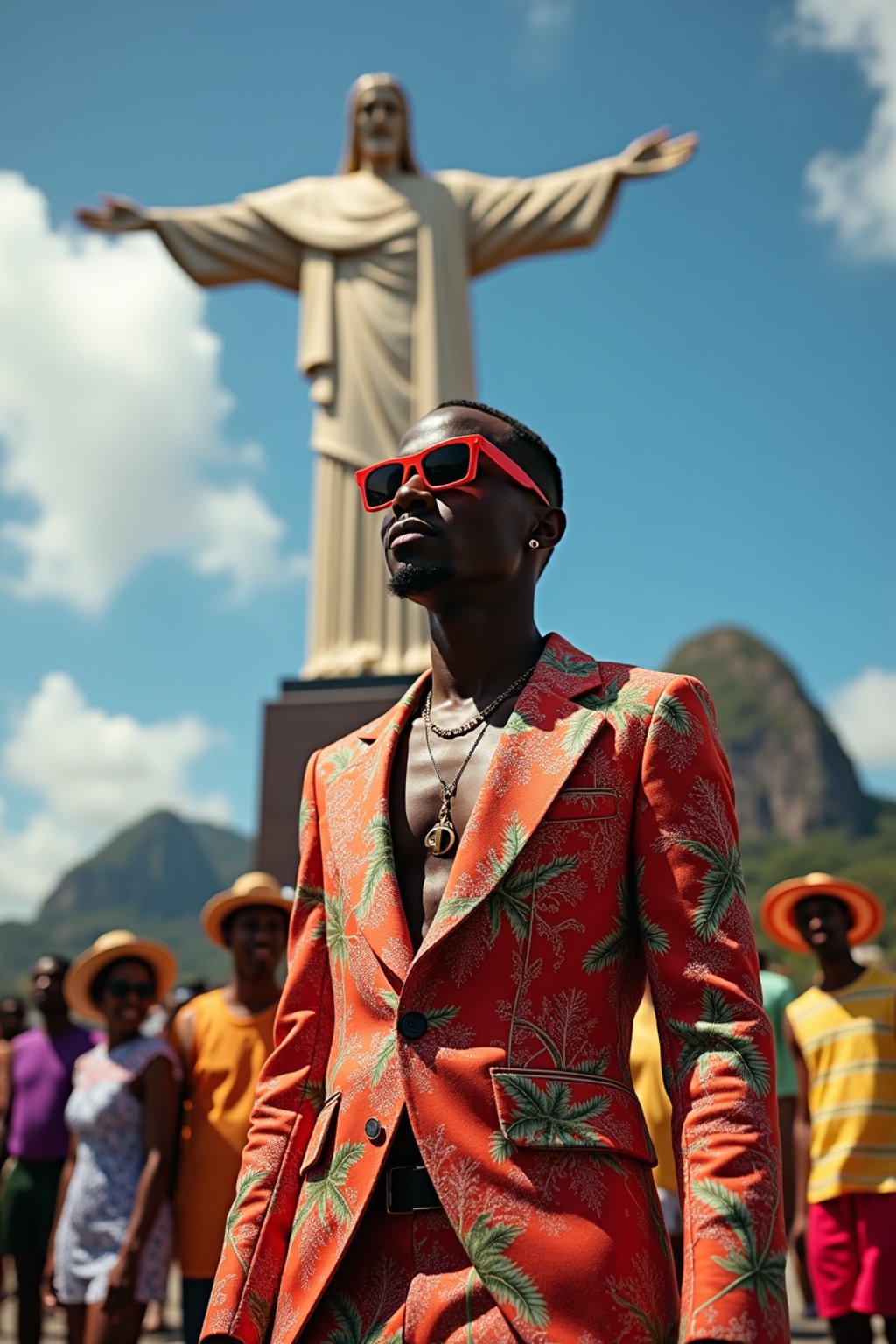 sharp and trendy man in Rio de Janeiro wearing a vibrant carnival-inspired costume, Christ the Redeemer statue in the background