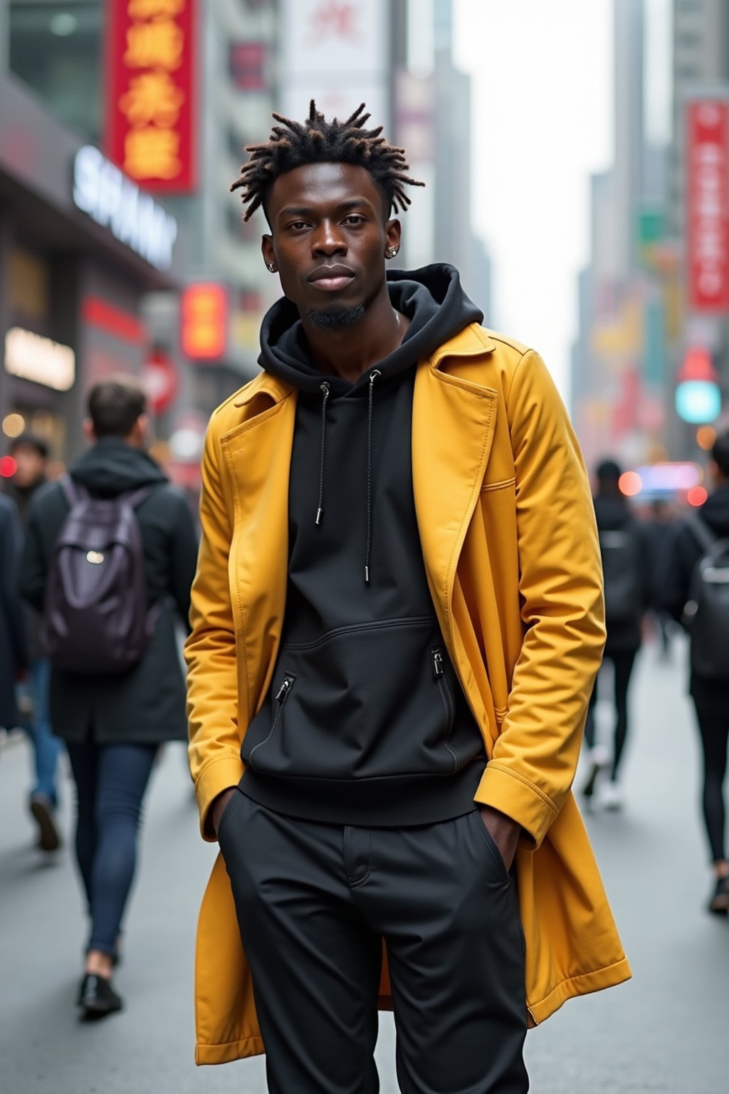 sharp and trendy man in Shanghai wearing a contemporary streetwear outfit, Nanjing Road in the background