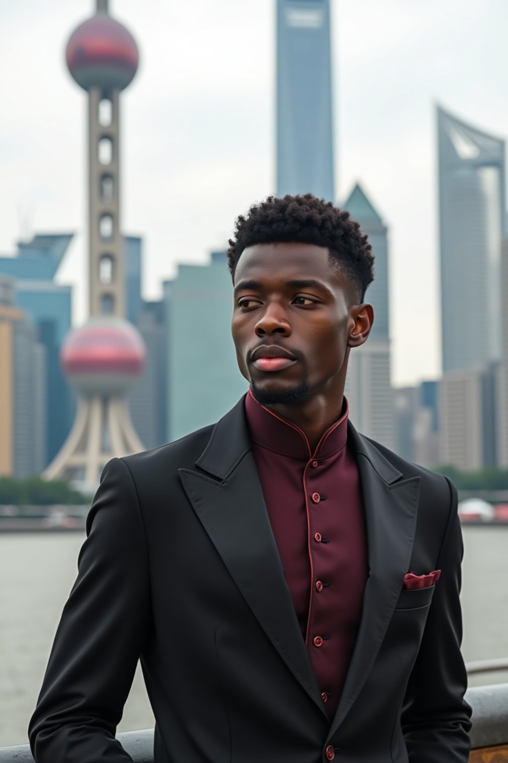 sharp and trendy man in Shanghai wearing a traditional qipao/mandarin-collar suit, modern skyline in the background