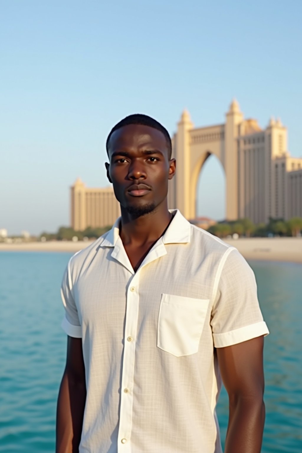 sharp and trendy man in Dubai wearing a stylish sundress/linen shirt, the Atlantis hotel in the background