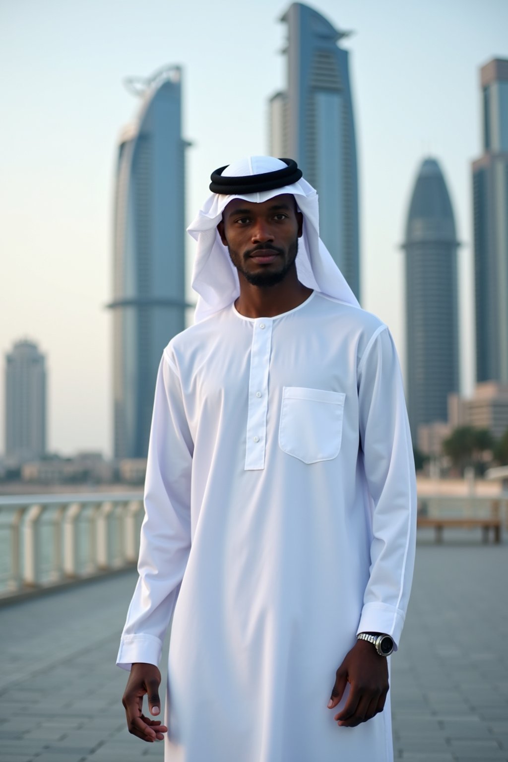 sharp and trendy man in Dubai wearing a modern, chic abaya/thobe, skyscrapers of Dubai in the background