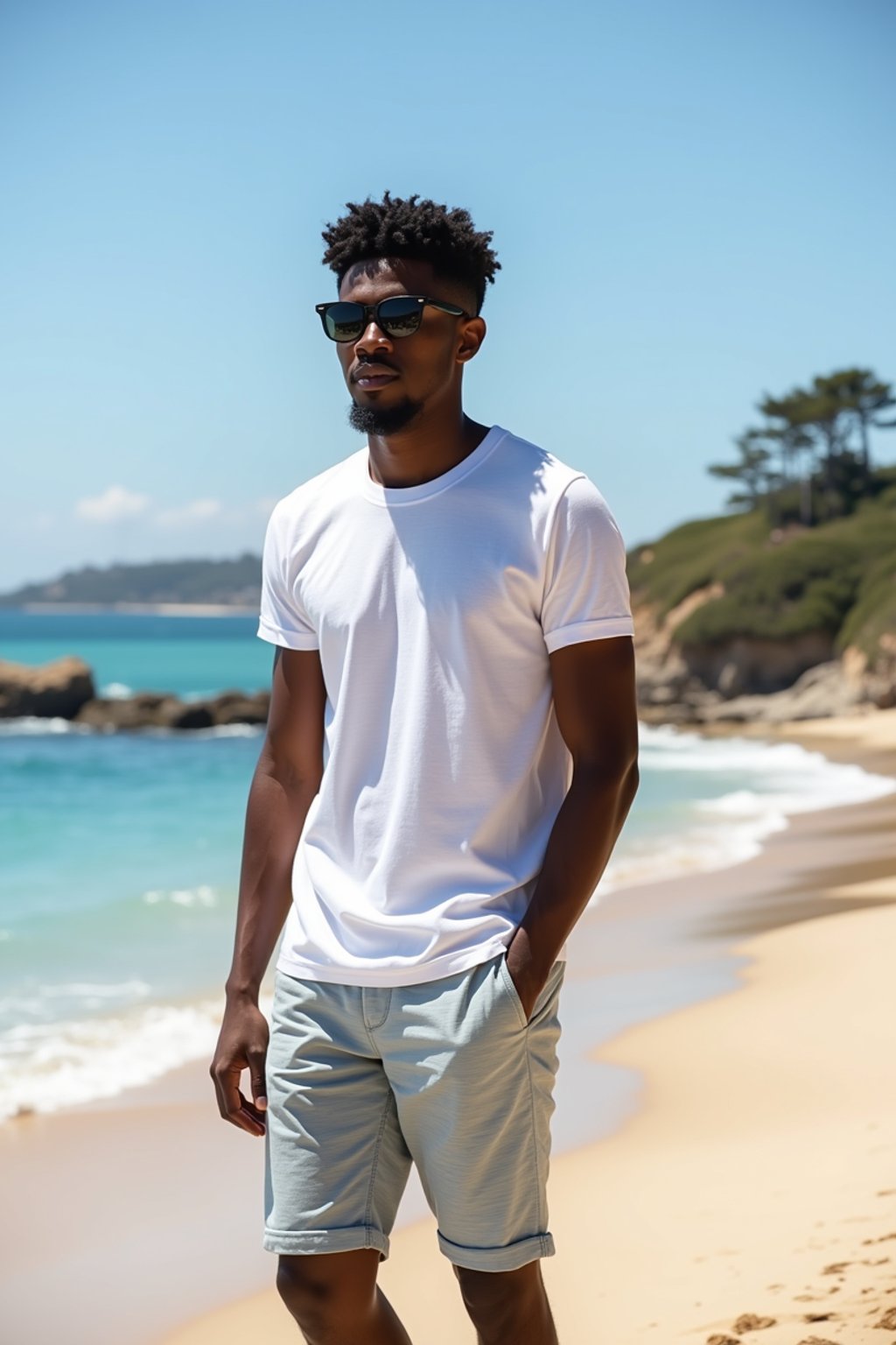 sharp and trendy man in Sydney wearing a summer dress/shorts and t-shirt, Bondi Beach in the background