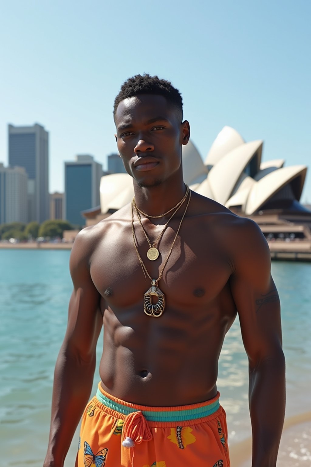 sharp and trendy man in Sydney wearing a surf-inspired outfit, Sydney Opera House in the background