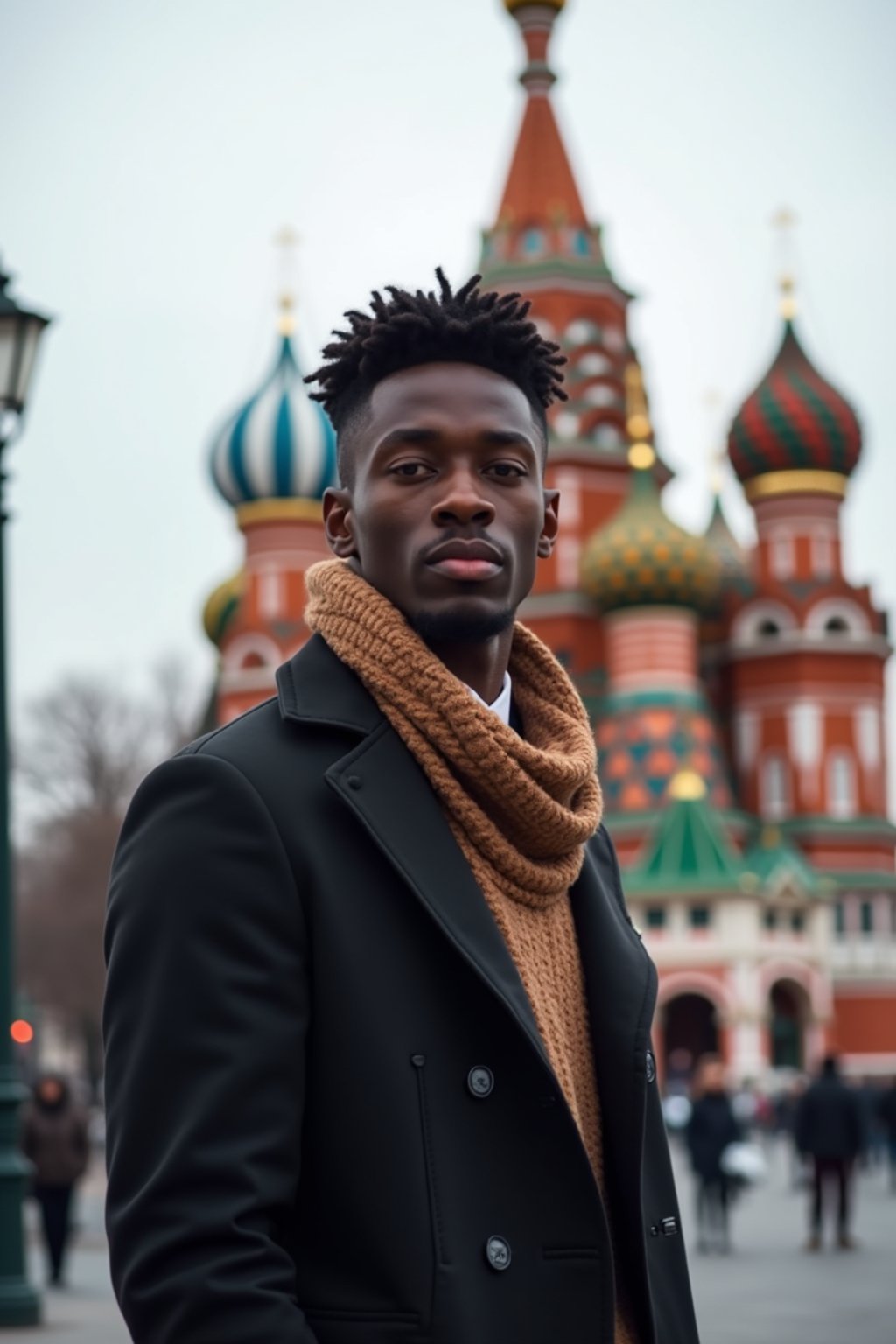 sharp and trendy man in Moscow wearing a stylish coat and scarf, Saint Basil's Cathedral in the background