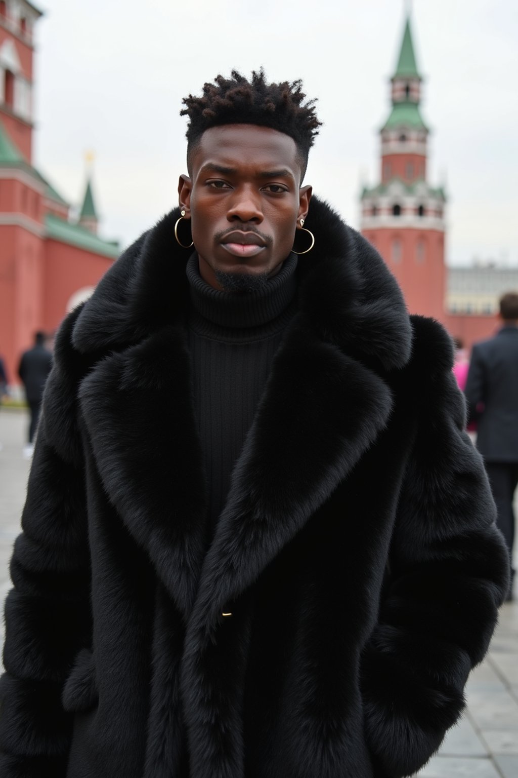 sharp and trendy man in Moscow wearing a faux fur coat, Kremlin in the background