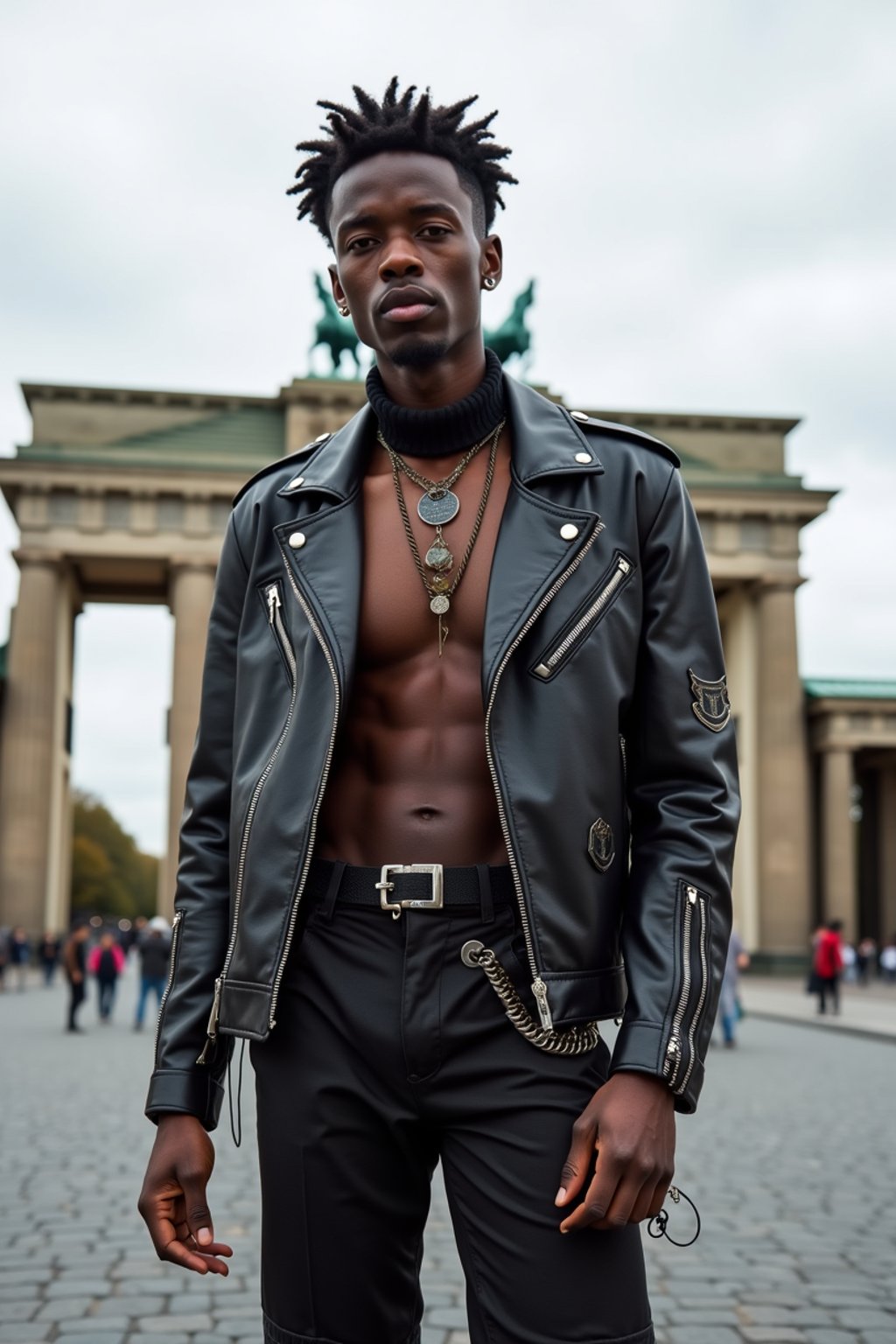 sharp and trendy man in Berlin wearing a punk-inspired outfit, Brandenburg Gate in the background