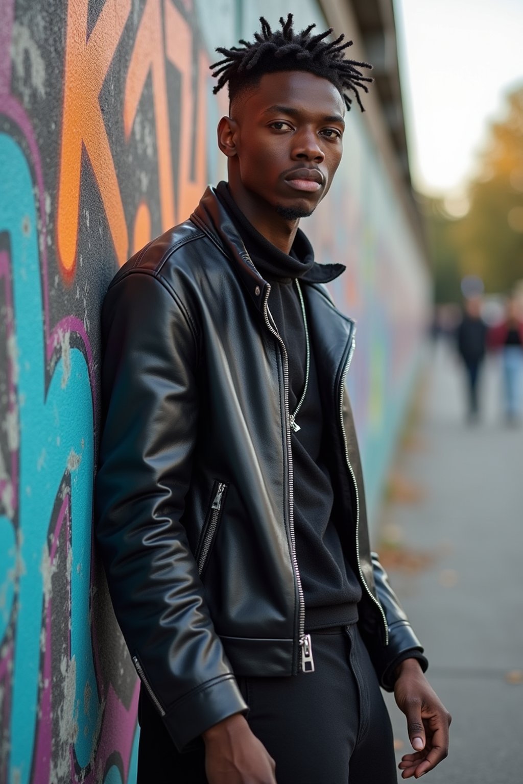 sharp and trendy man in Berlin wearing a grunge-inspired outfit, Berlin Wall in the background