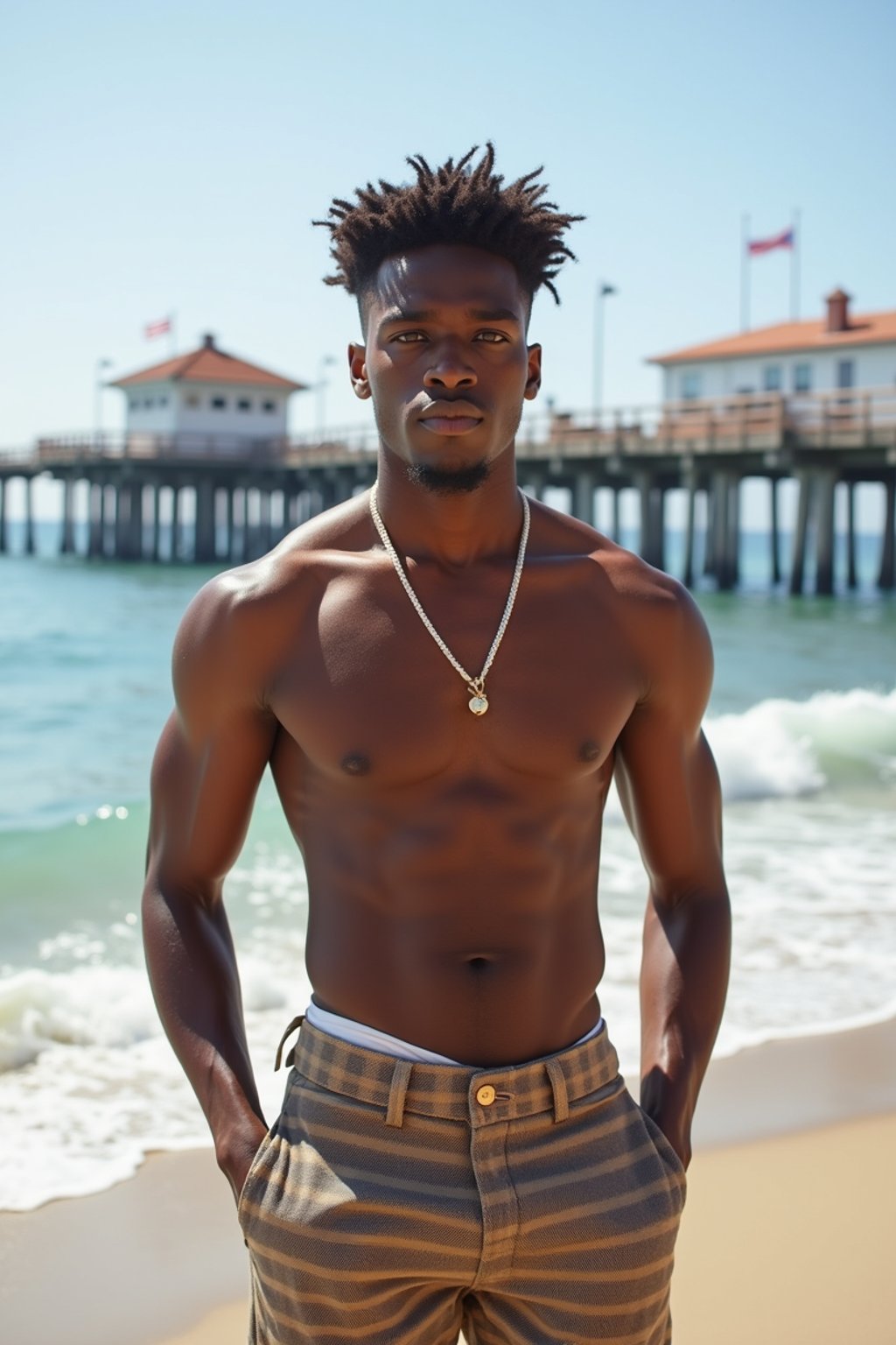 sharp and trendy man in Los Angeles wearing a trendy beach outfit, Santa Monica pier in the background