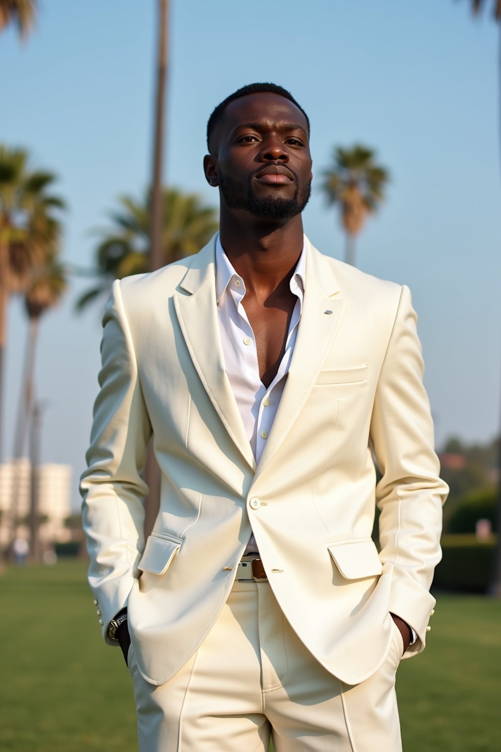 sharp and trendy man in Los Angeles wearing a summer dress/linen suit, palm trees in the background