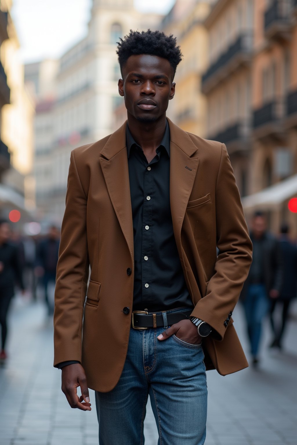 sharp and trendy man in Milan wearing a fashionable blazer and jeans, Duomo di Milano in the background