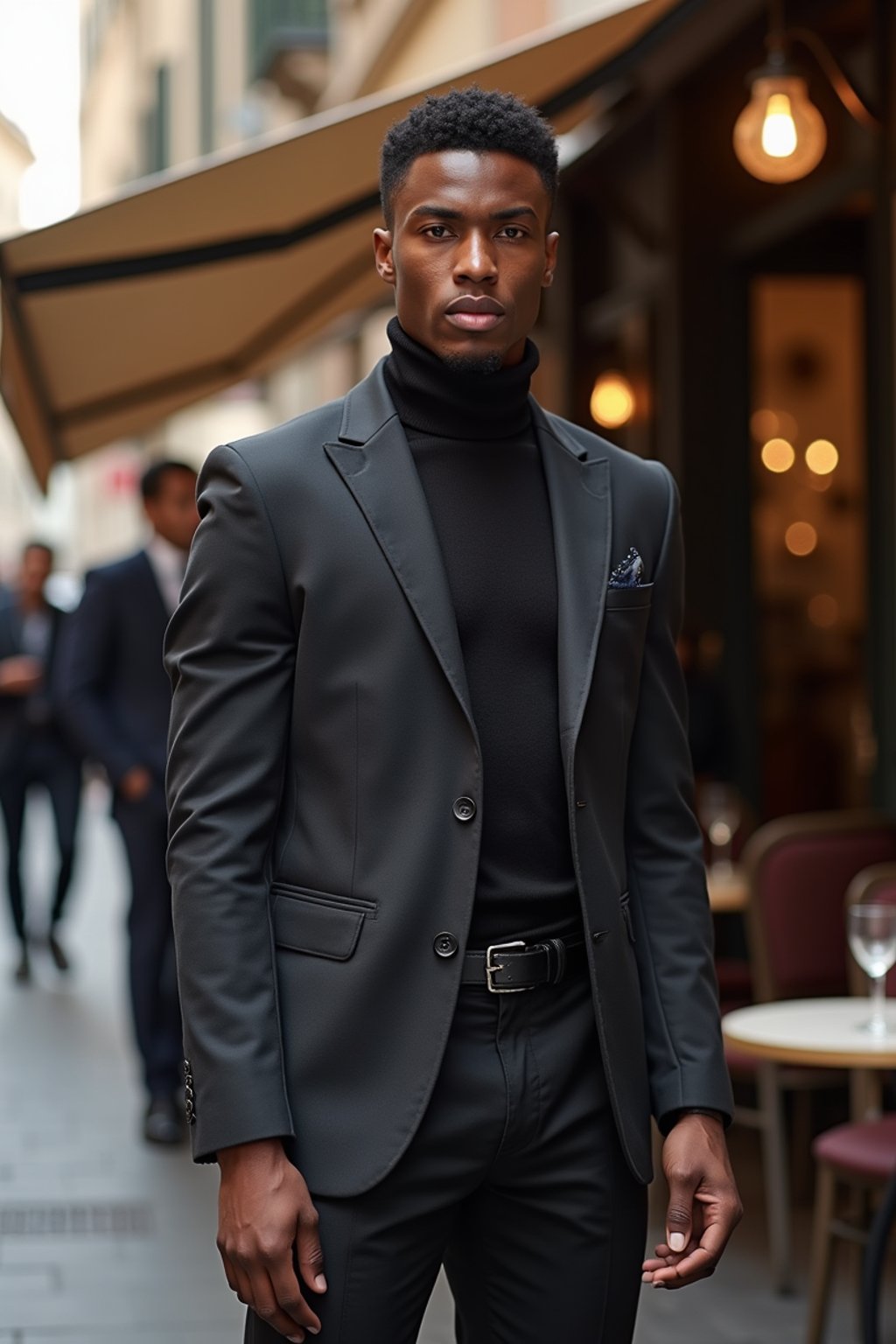 sharp and trendy man in Milan wearing high fashion attire in front of a classic Italian café