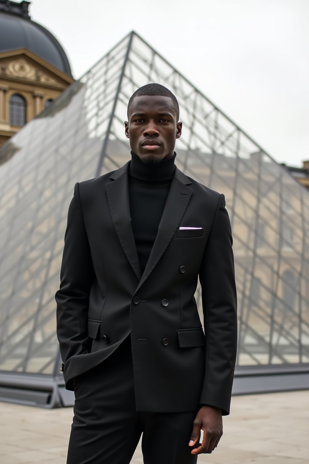 sharp and trendy man in Paris wearing a chic black dress/suit, Louvre pyramid in the background