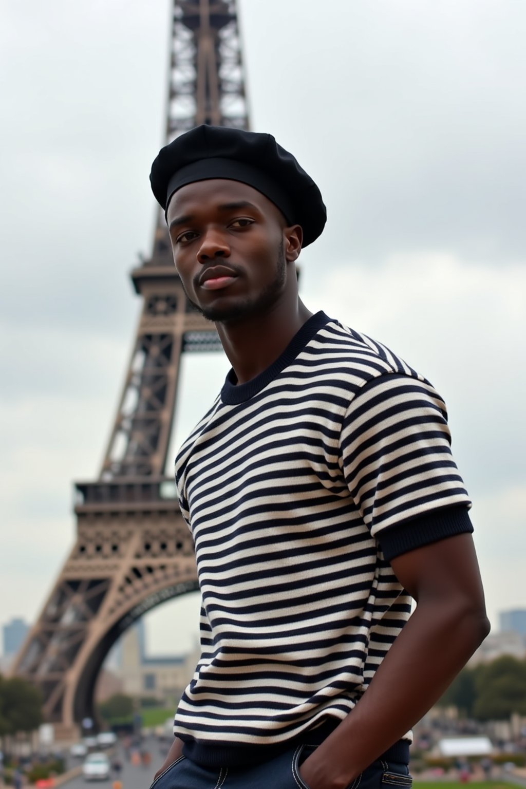 sharp and trendy man in Paris, wearing a beret and striped top, Eiffel Tower in the background