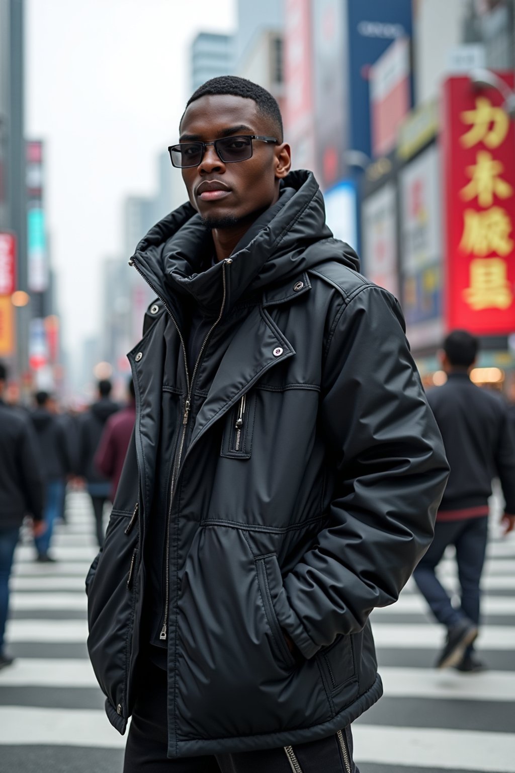 sharp and trendy man in Tokyo wearing a futuristic outfit, Shibuya crossing in the background