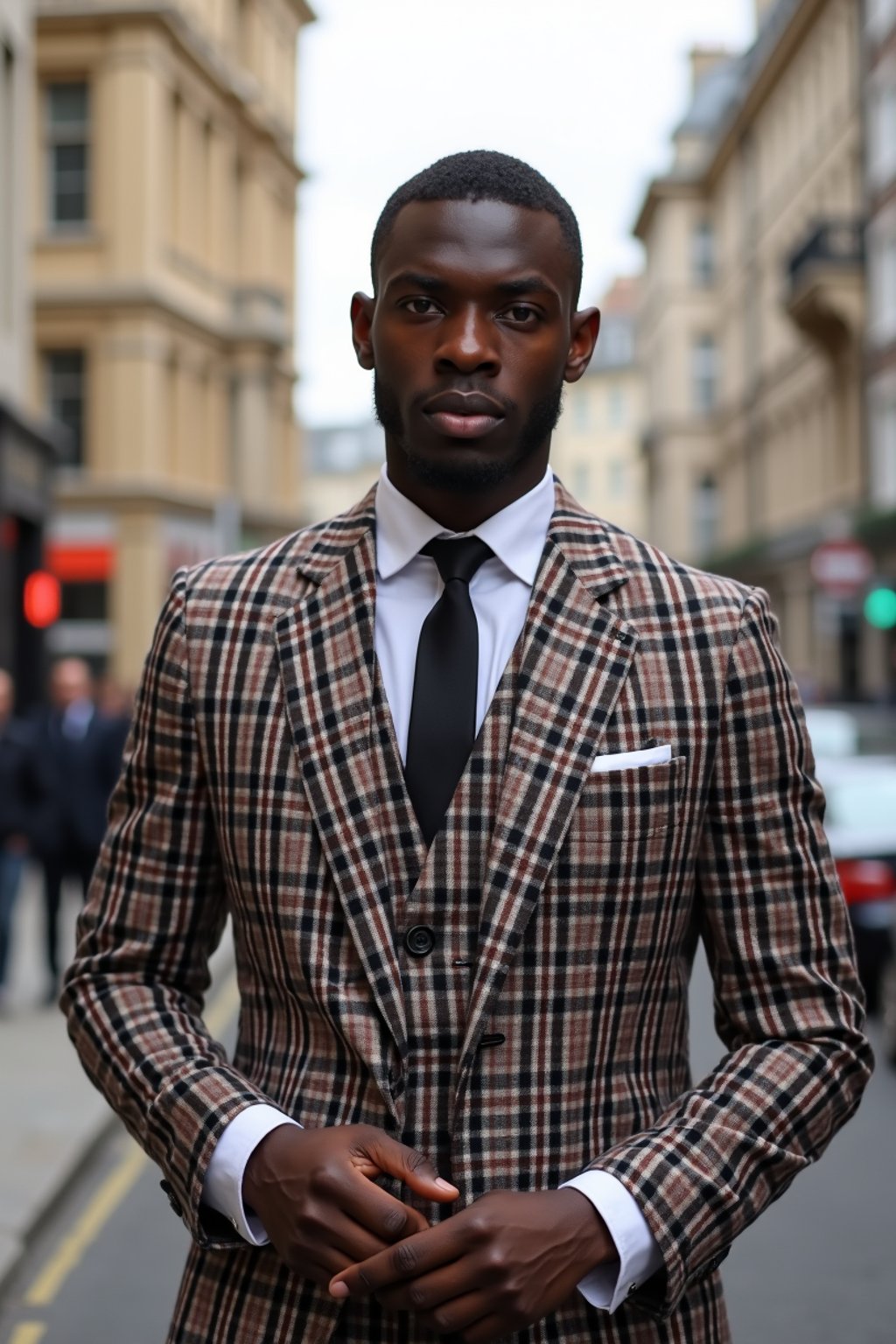 sharp and trendy man in London wearing a checkered suit, Big Ben in the background