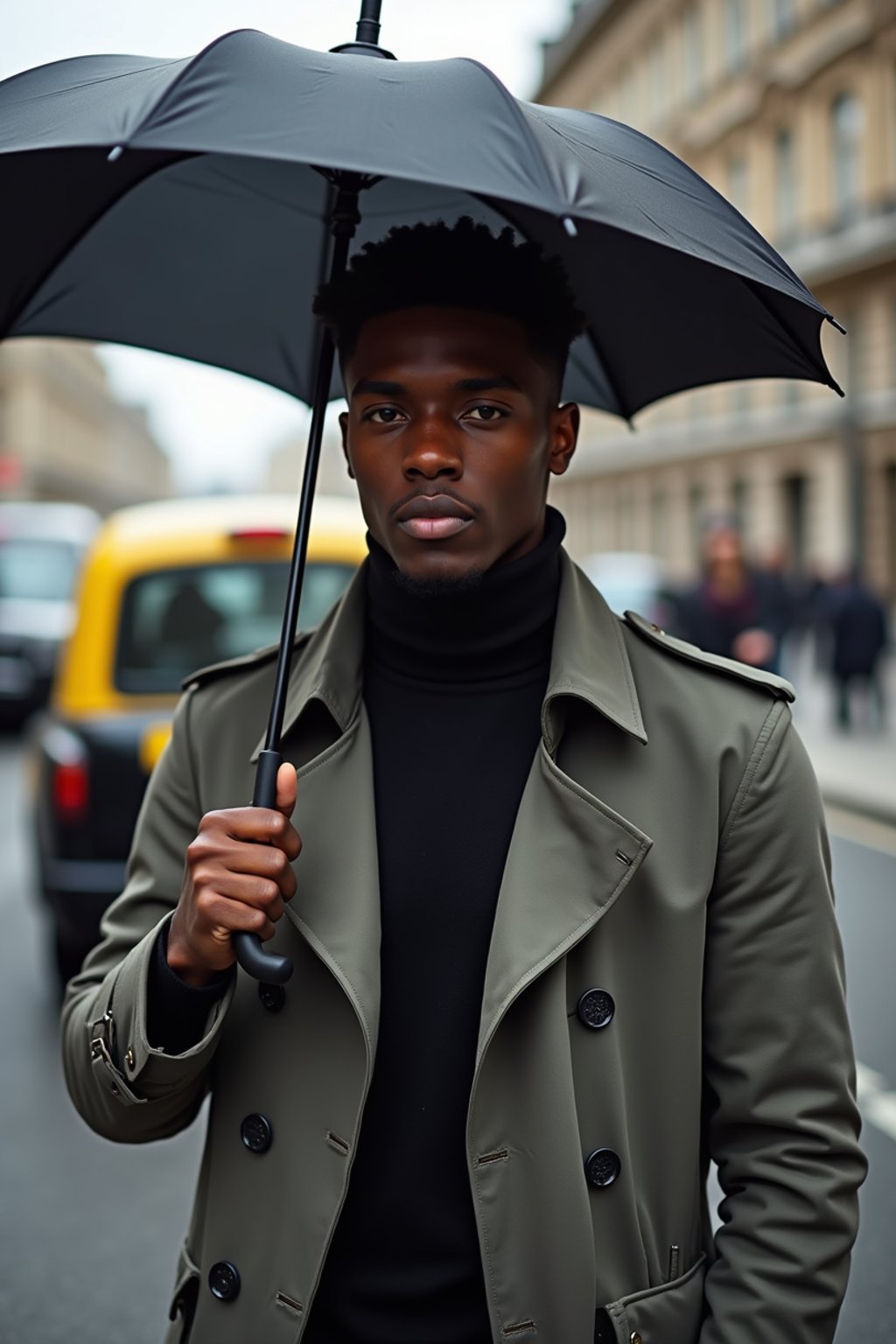 sharp and trendy man in London sporting a trench coat and holding an umbrella, iconic London cab in the background