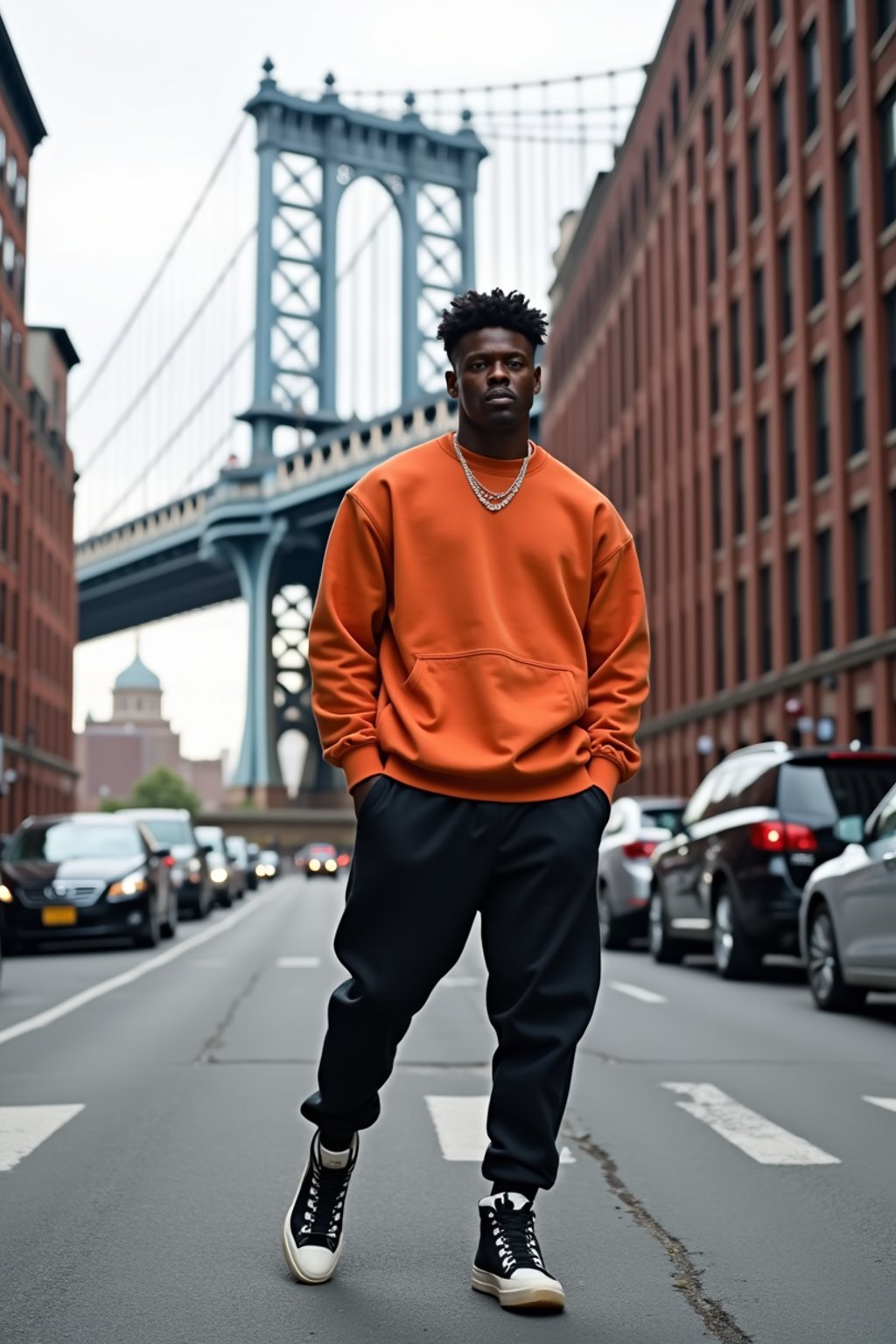 sharp and trendy man in New York City wearing an oversized sweatshirt and high top sneakers, Brooklyn Bridge in the background