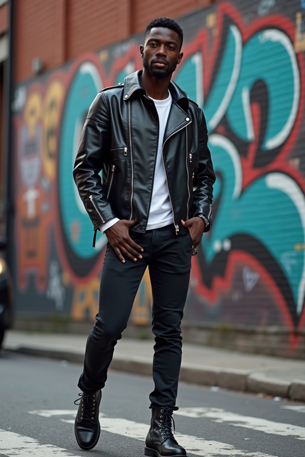 sharp and trendy man in New York City wearing a leather jacket, jeans, and boots with urban graffiti in the background