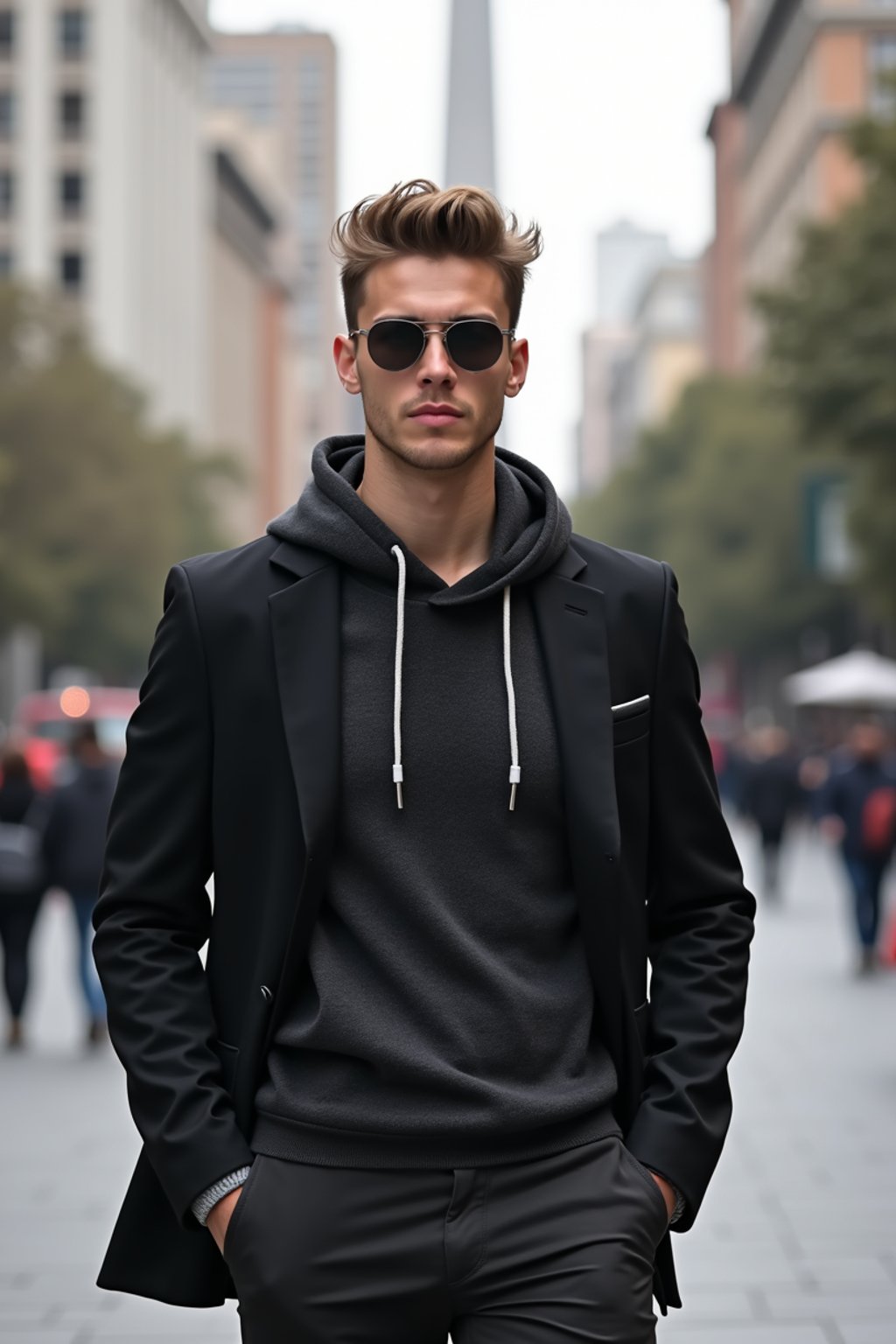 sharp and trendy man in Buenos Aires wearing a modern street style outfit, Obelisco de Buenos Aires in the background