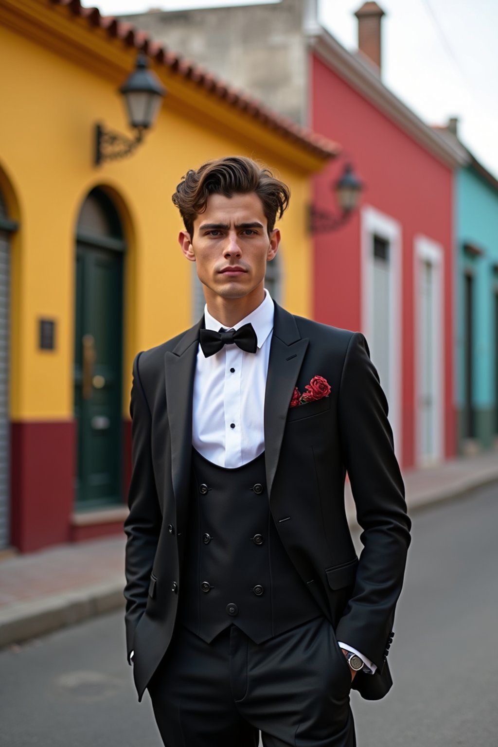 sharp and trendy man in Buenos Aires wearing a tango-inspired dress/suit, colorful houses of La Boca neighborhood in the background