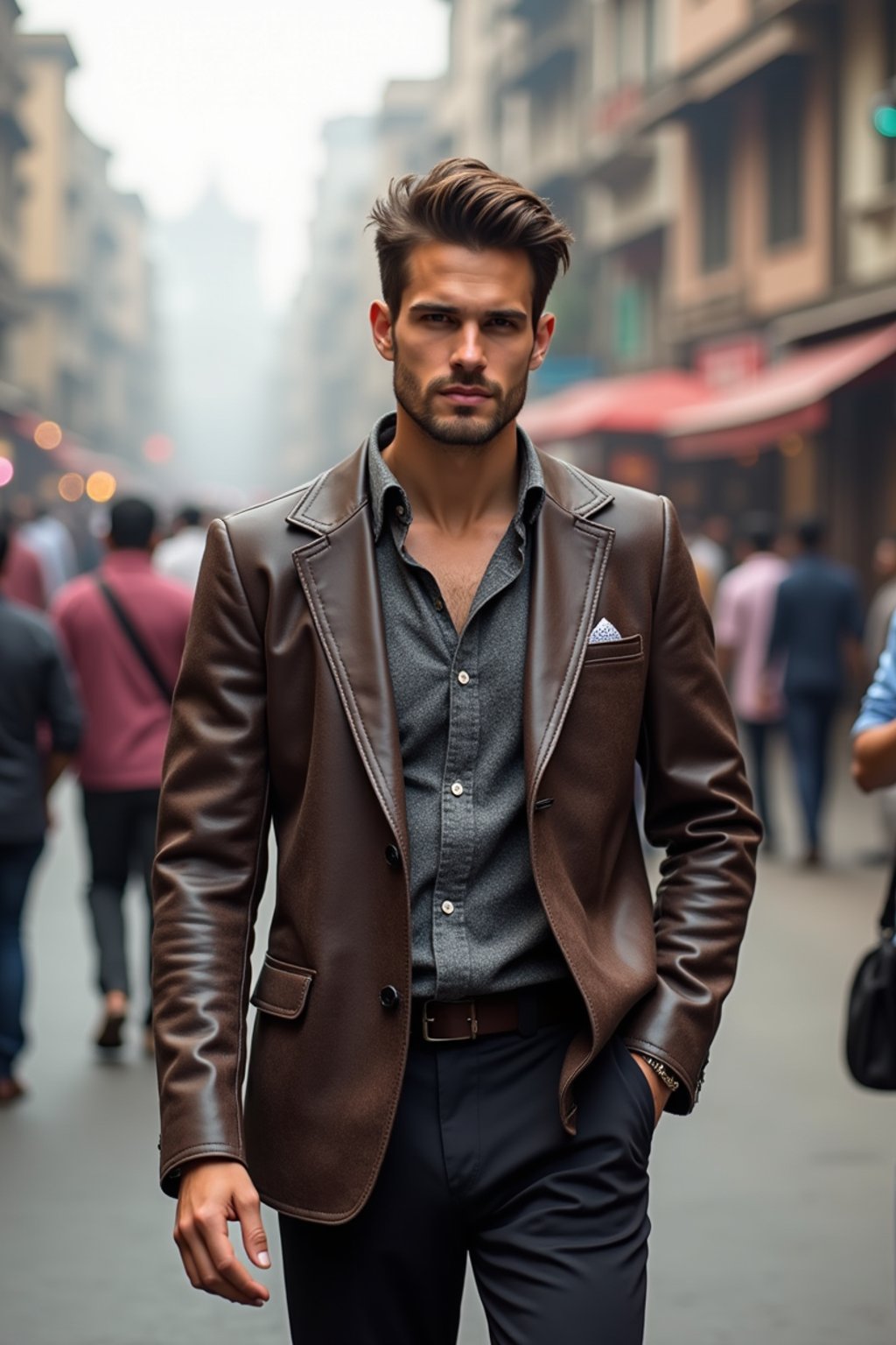 sharp and trendy man in Mumbai wearing a contemporary fusion outfit, bustling streets of Mumbai in the background