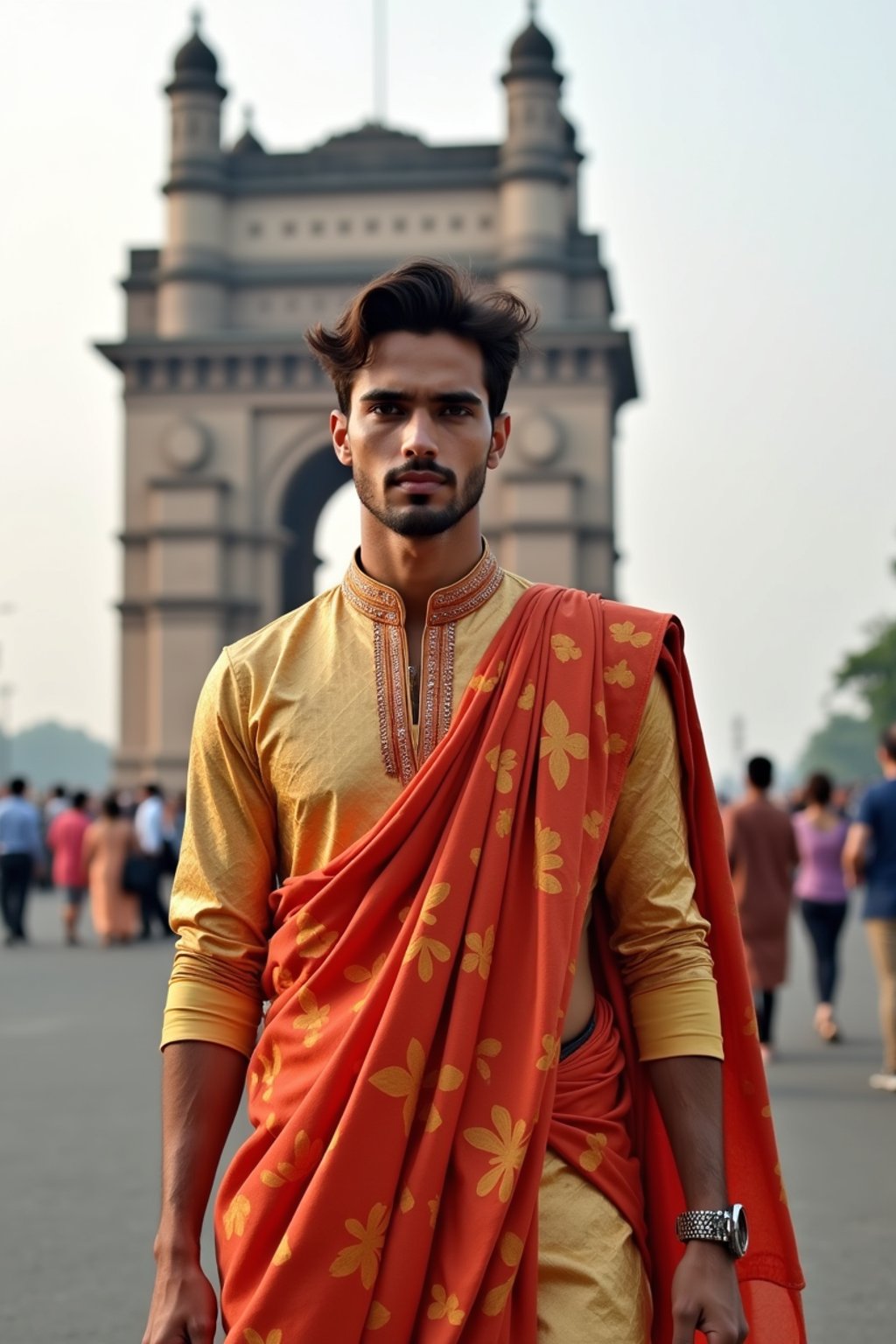 sharp and trendy man in Mumbai wearing a vibrant saree/kurta, Gateway of India in the background