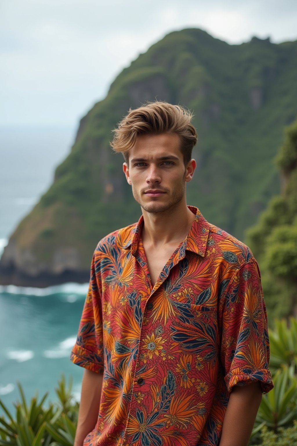 sharp and trendy man in Bali wearing vibrant Batik clothes, Bali, Indonesia in the background