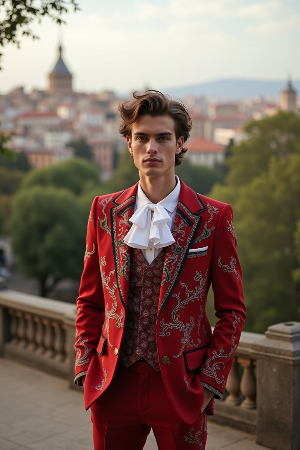 sharp and trendy man in Barcelona wearing a flamenco-inspired dress/suit, Park Güell in the background