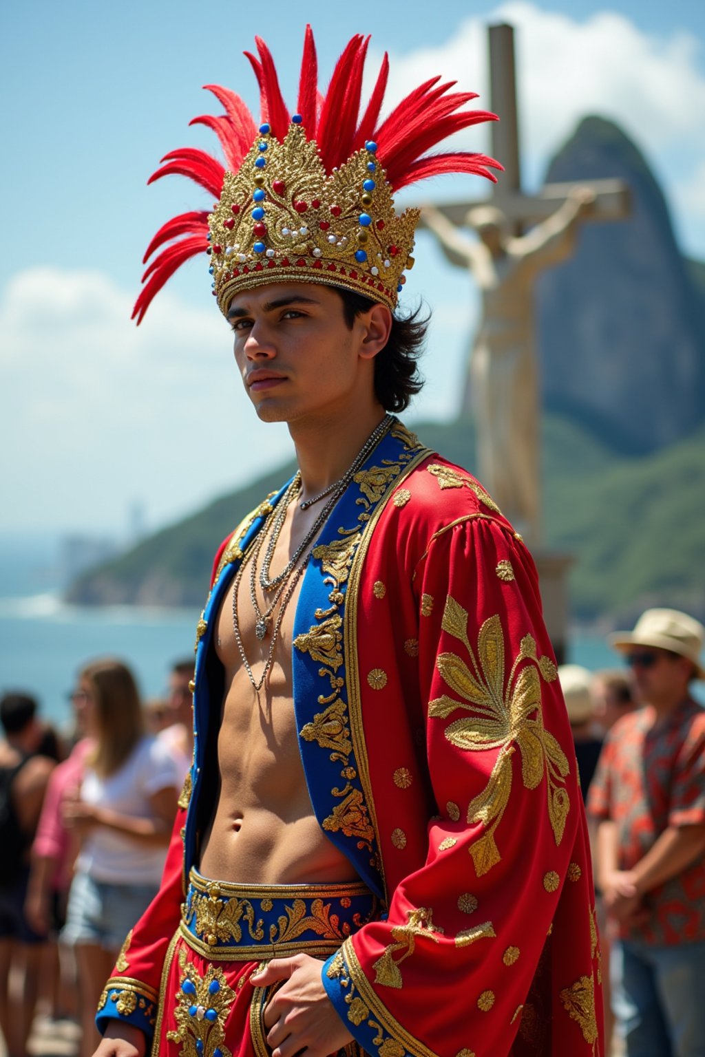 sharp and trendy man in Rio de Janeiro wearing a vibrant carnival-inspired costume, Christ the Redeemer statue in the background