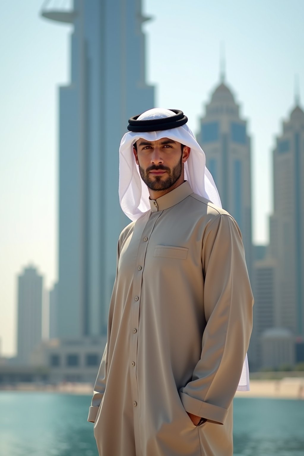 sharp and trendy man in Dubai wearing a modern, chic abaya/thobe, skyscrapers of Dubai in the background