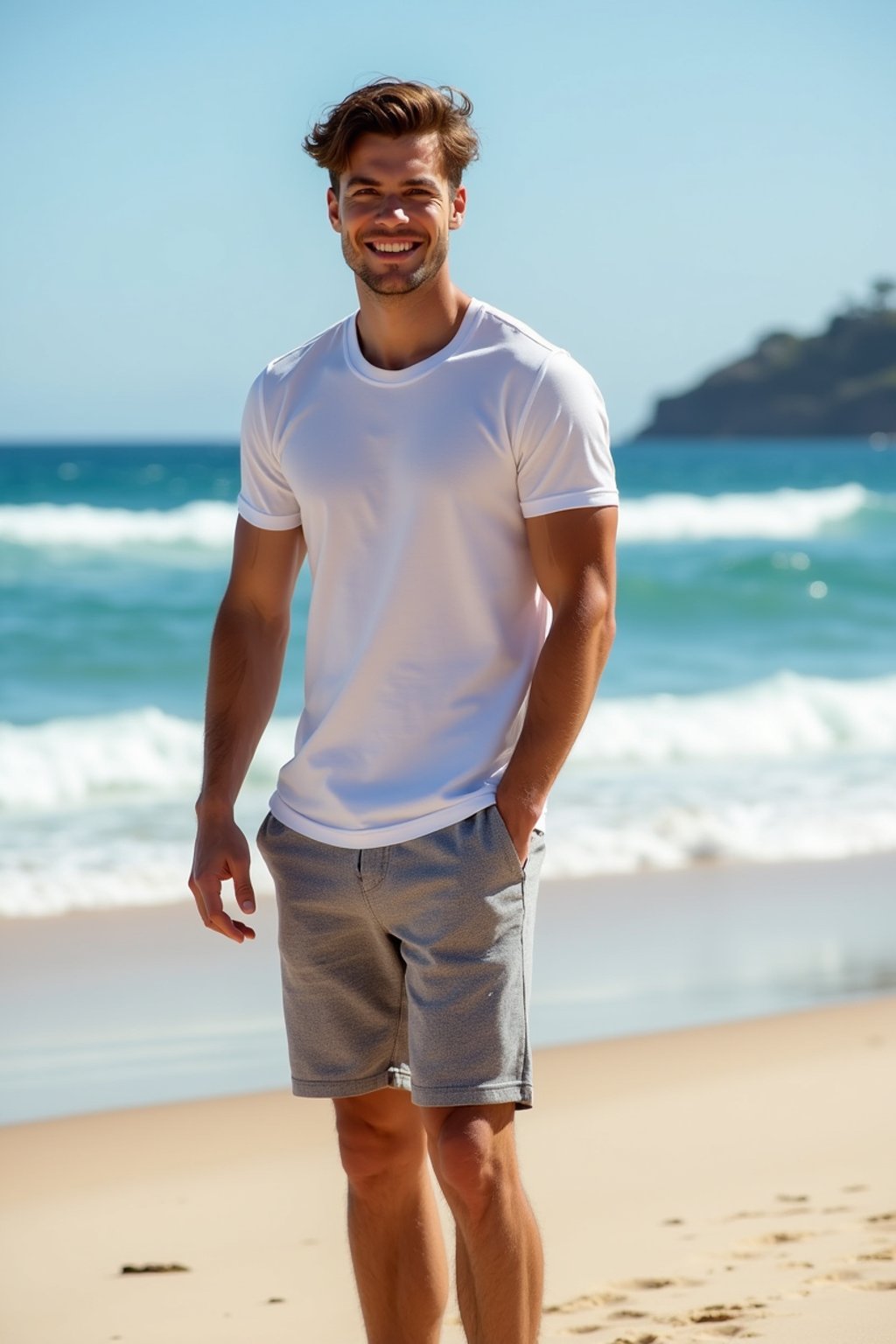 sharp and trendy man in Sydney wearing a summer dress/shorts and t-shirt, Bondi Beach in the background