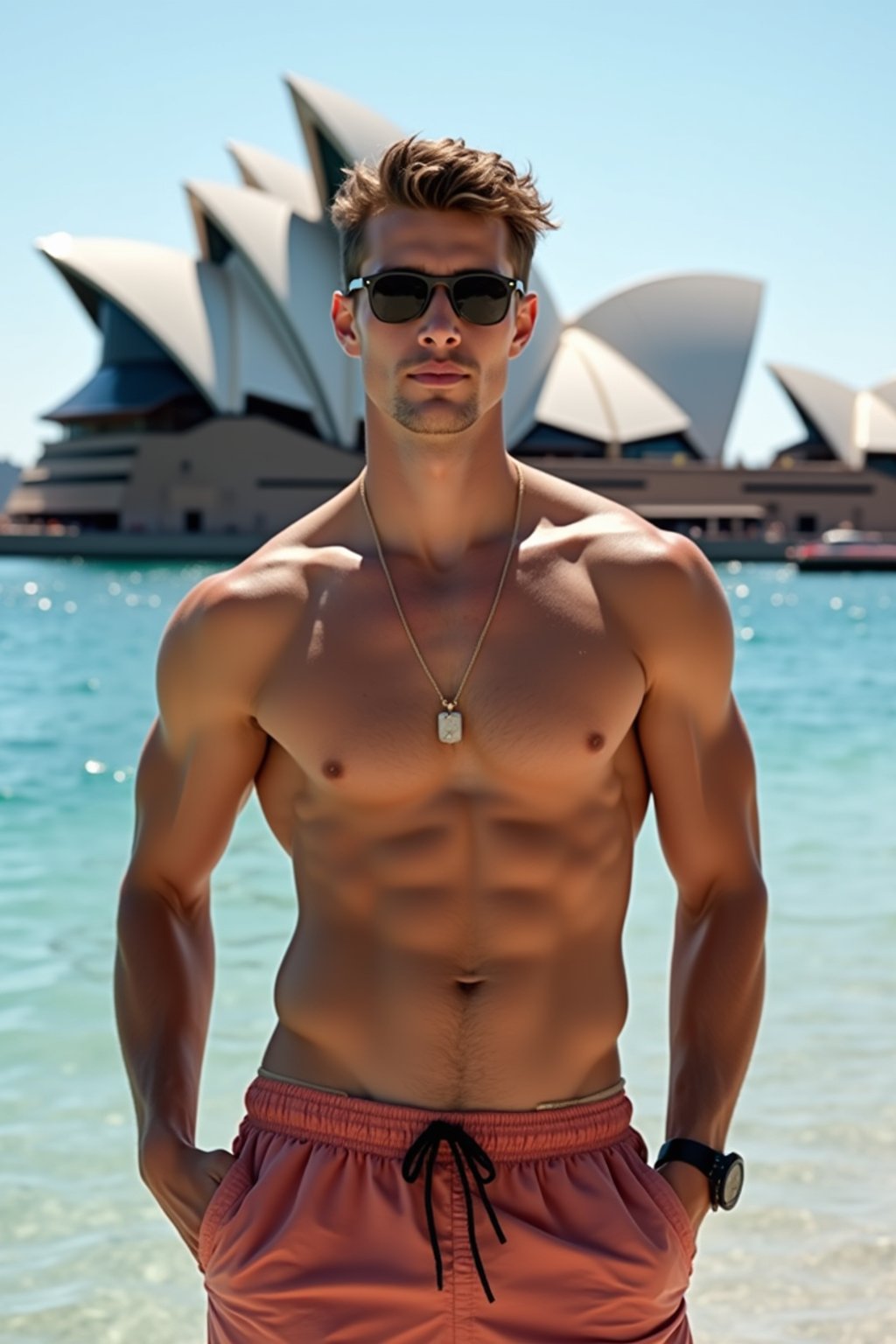 sharp and trendy man in Sydney wearing a surf-inspired outfit, Sydney Opera House in the background