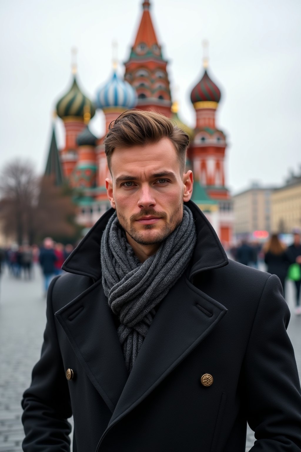 sharp and trendy man in Moscow wearing a stylish coat and scarf, Saint Basil's Cathedral in the background