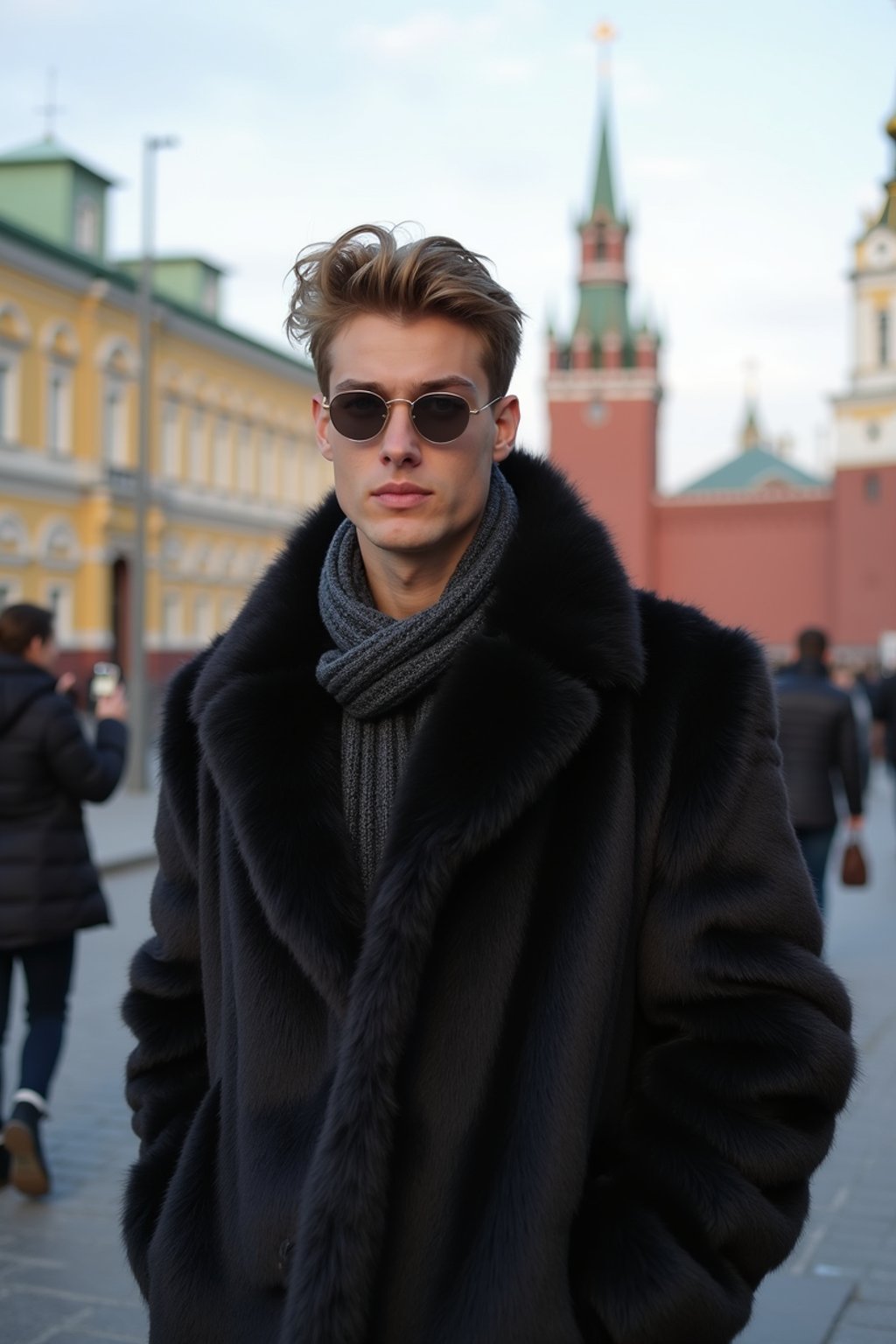 sharp and trendy man in Moscow wearing a faux fur coat, Kremlin in the background