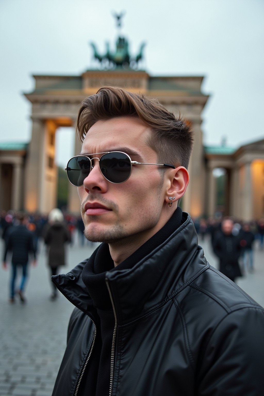 sharp and trendy man in Berlin wearing a punk-inspired outfit, Brandenburg Gate in the background