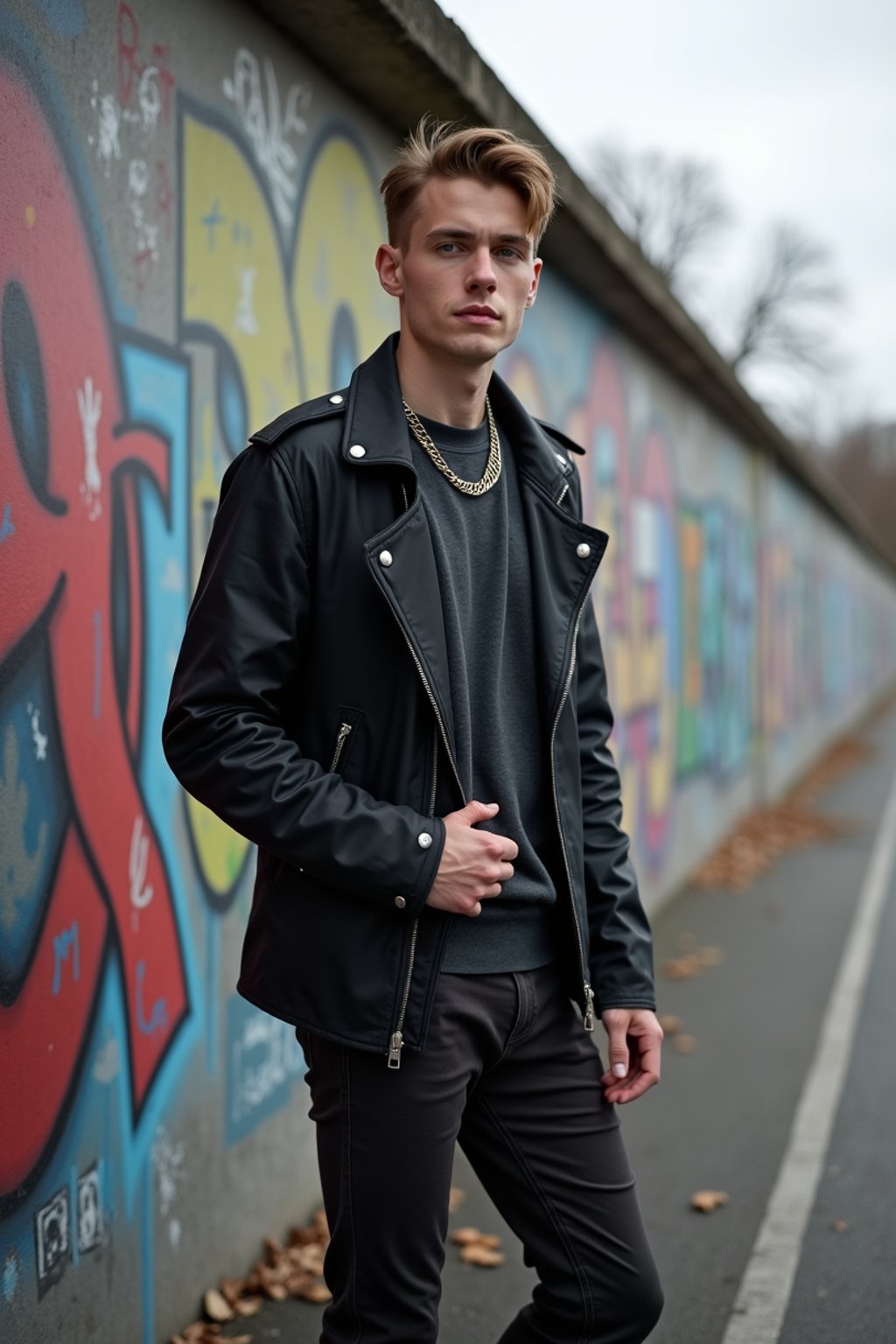 sharp and trendy man in Berlin wearing a grunge-inspired outfit, Berlin Wall in the background