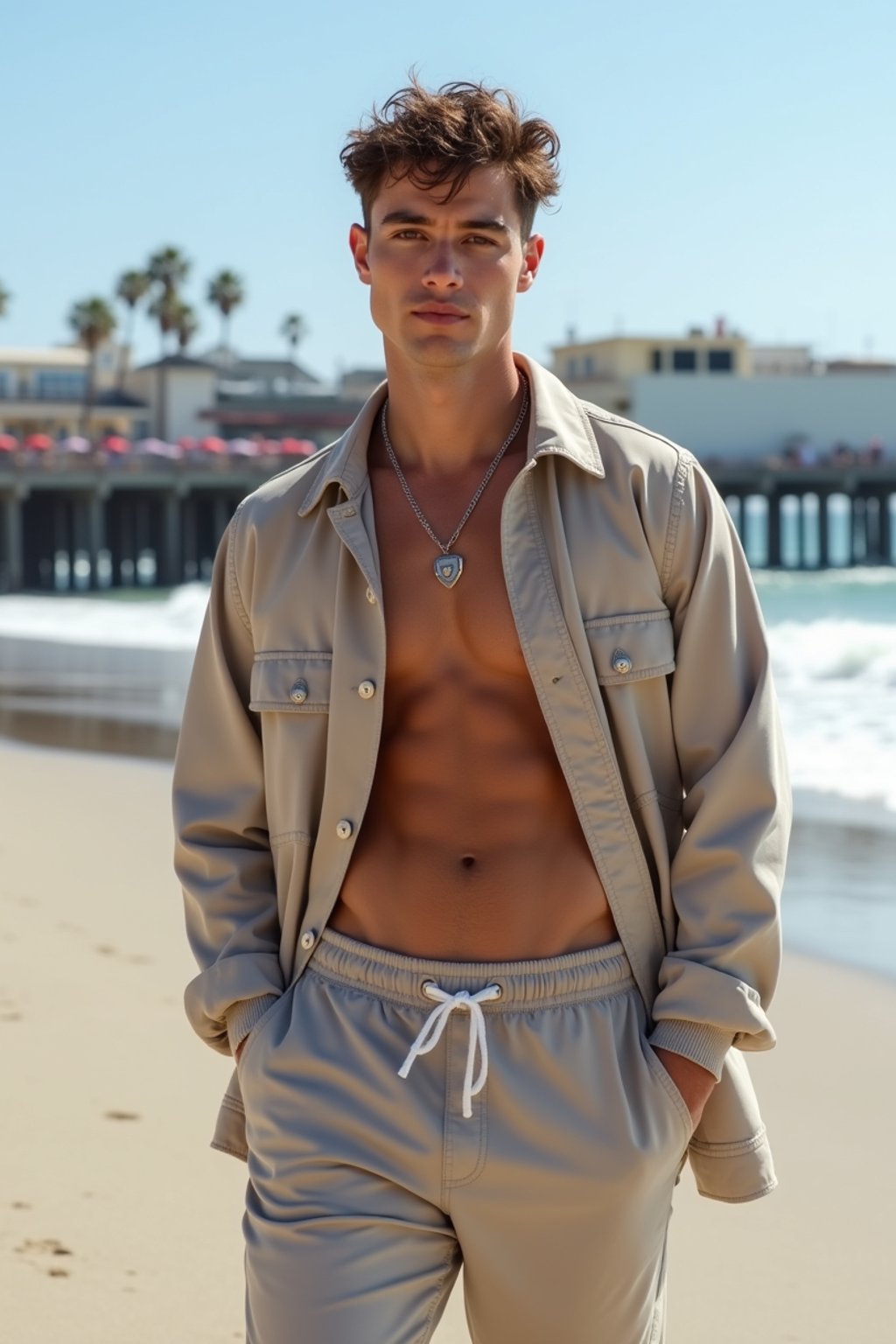 sharp and trendy man in Los Angeles wearing a trendy beach outfit, Santa Monica pier in the background