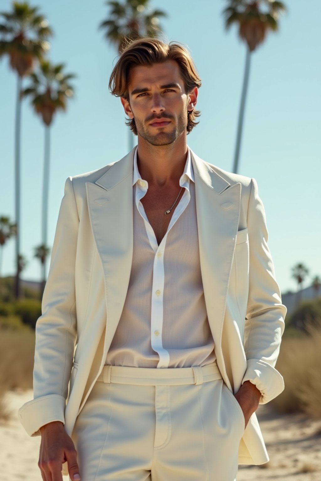 sharp and trendy man in Los Angeles wearing a summer dress/linen suit, palm trees in the background