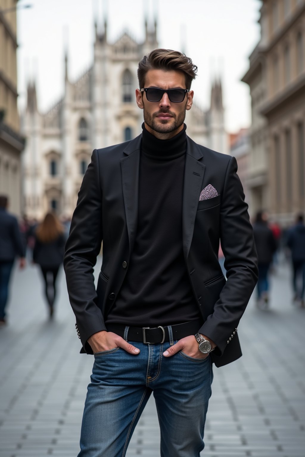 sharp and trendy man in Milan wearing a fashionable blazer and jeans, Duomo di Milano in the background