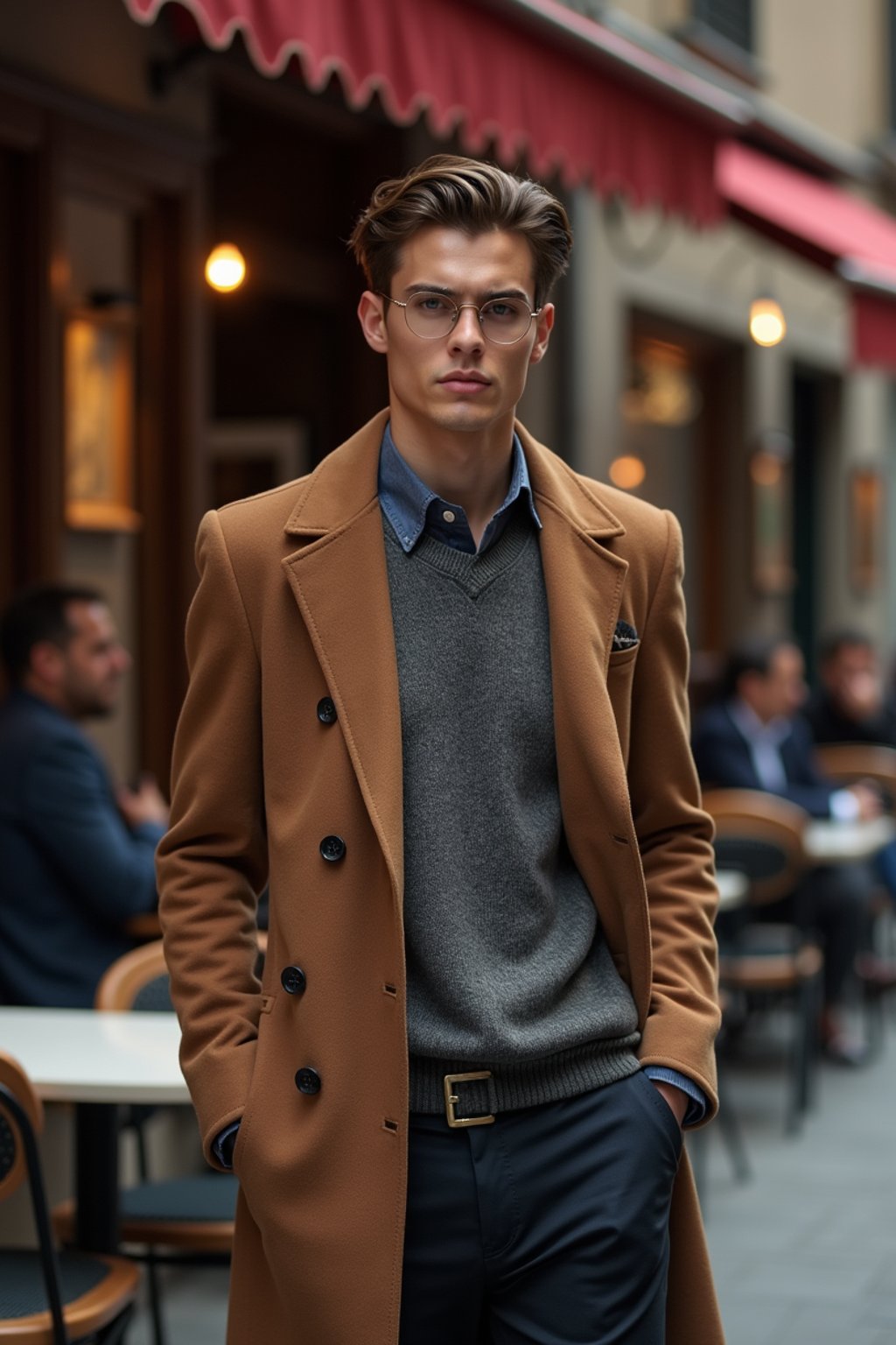 sharp and trendy man in Milan wearing high fashion attire in front of a classic Italian café