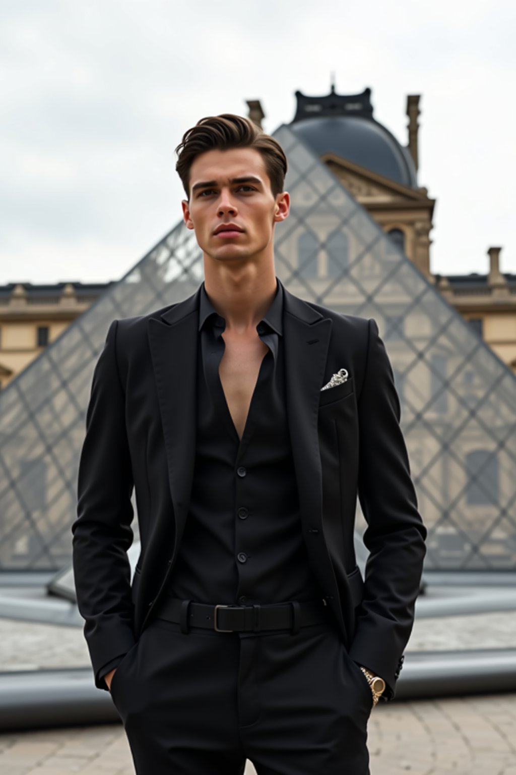 sharp and trendy man in Paris wearing a chic black dress/suit, Louvre pyramid in the background