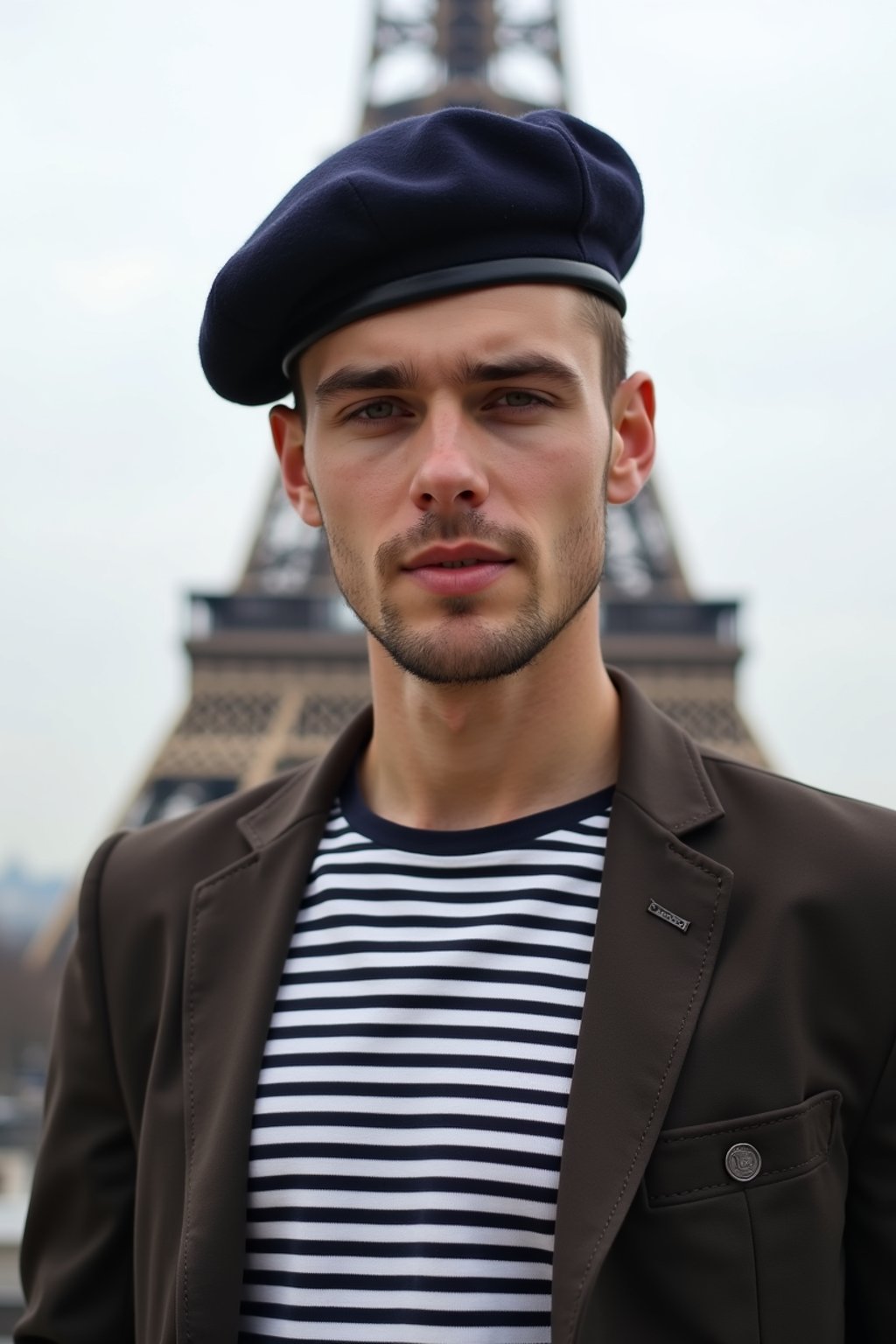 sharp and trendy man in Paris, wearing a beret and striped top, Eiffel Tower in the background