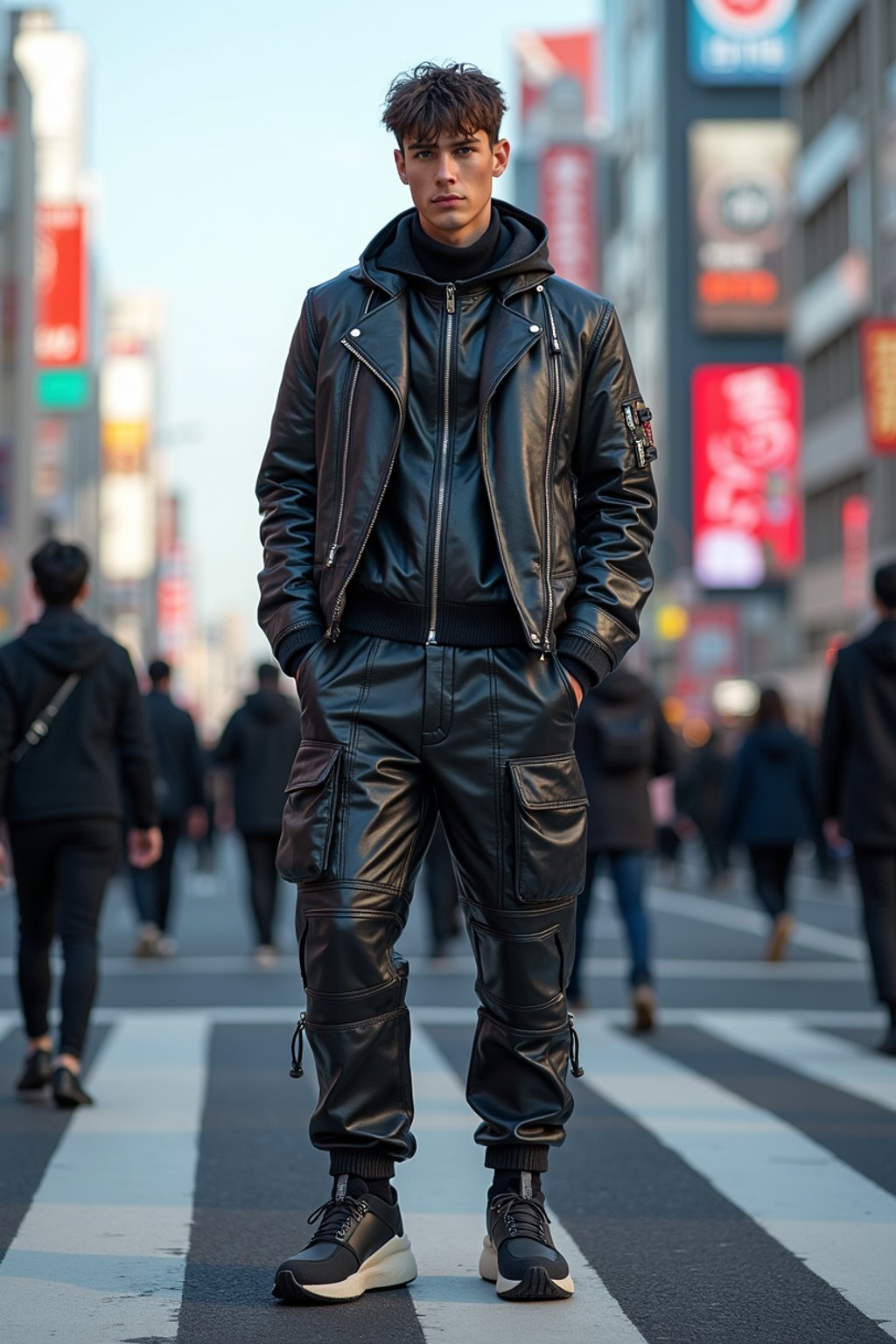 sharp and trendy man in Tokyo wearing a futuristic outfit, Shibuya crossing in the background