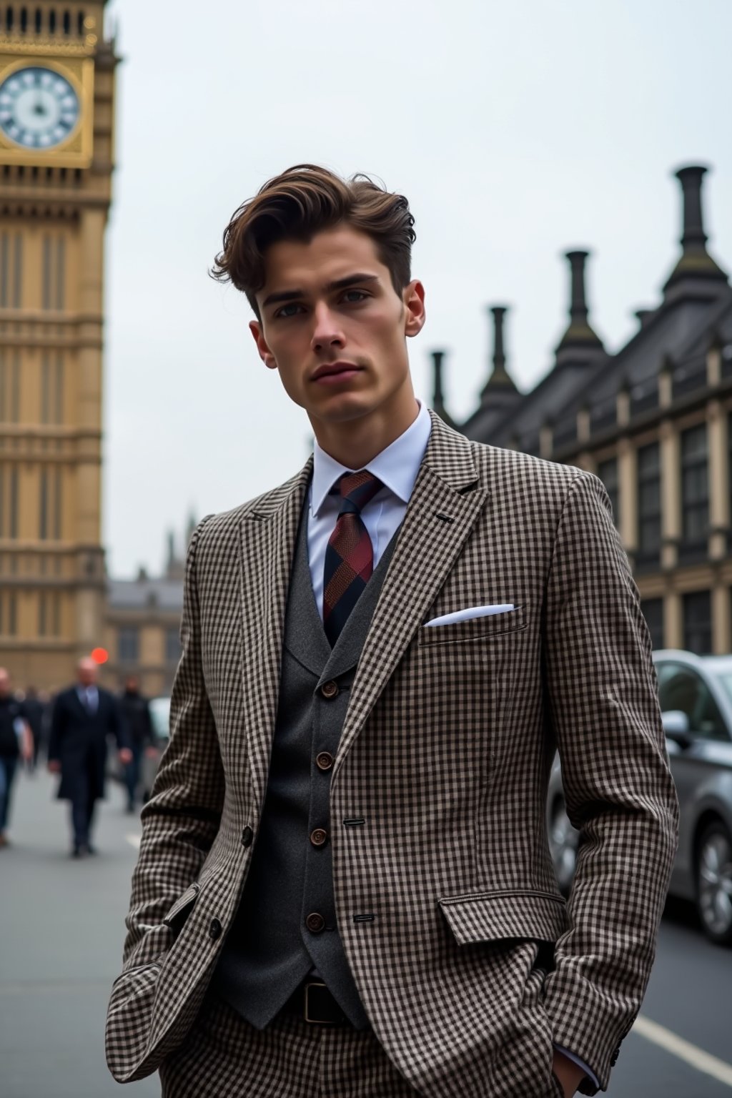 sharp and trendy man in London wearing a checkered suit, Big Ben in the background