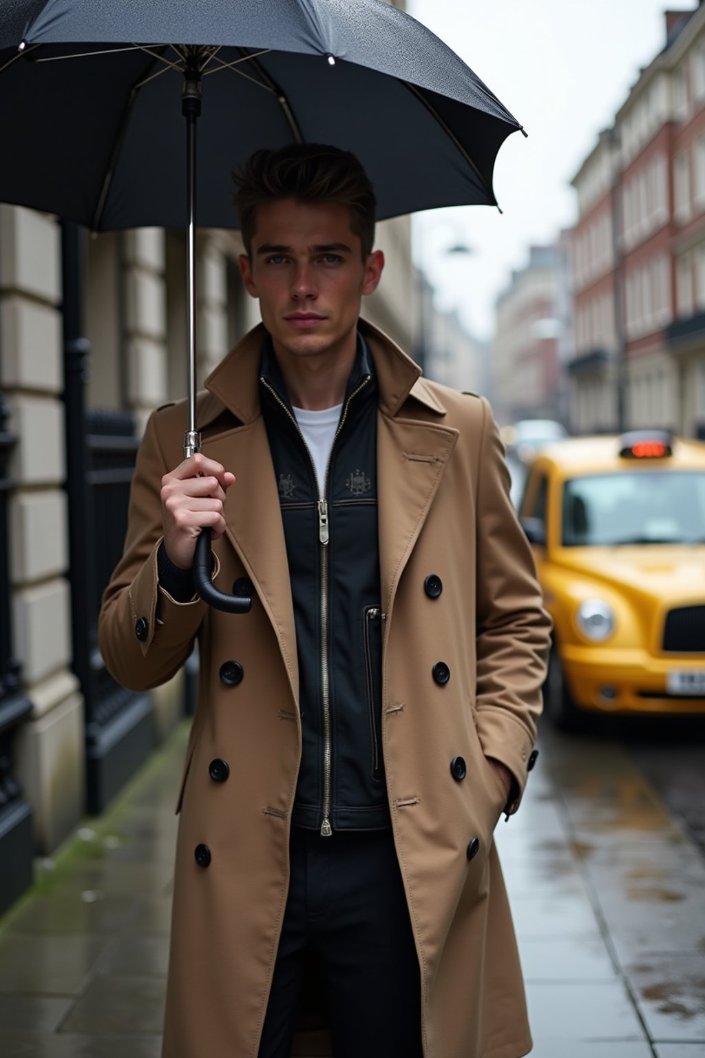 sharp and trendy man in London sporting a trench coat and holding an umbrella, iconic London cab in the background